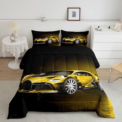 Feelyou Sports Car Comforter Yellow Race Car Comforter Set for Kids Boys Girls E