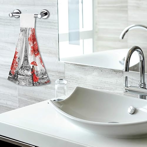 Miniatura 7 de WELLDAY 2 toallas de mano para colgar, suaves, absorbentes, color rojo, paris, para cocina, baño