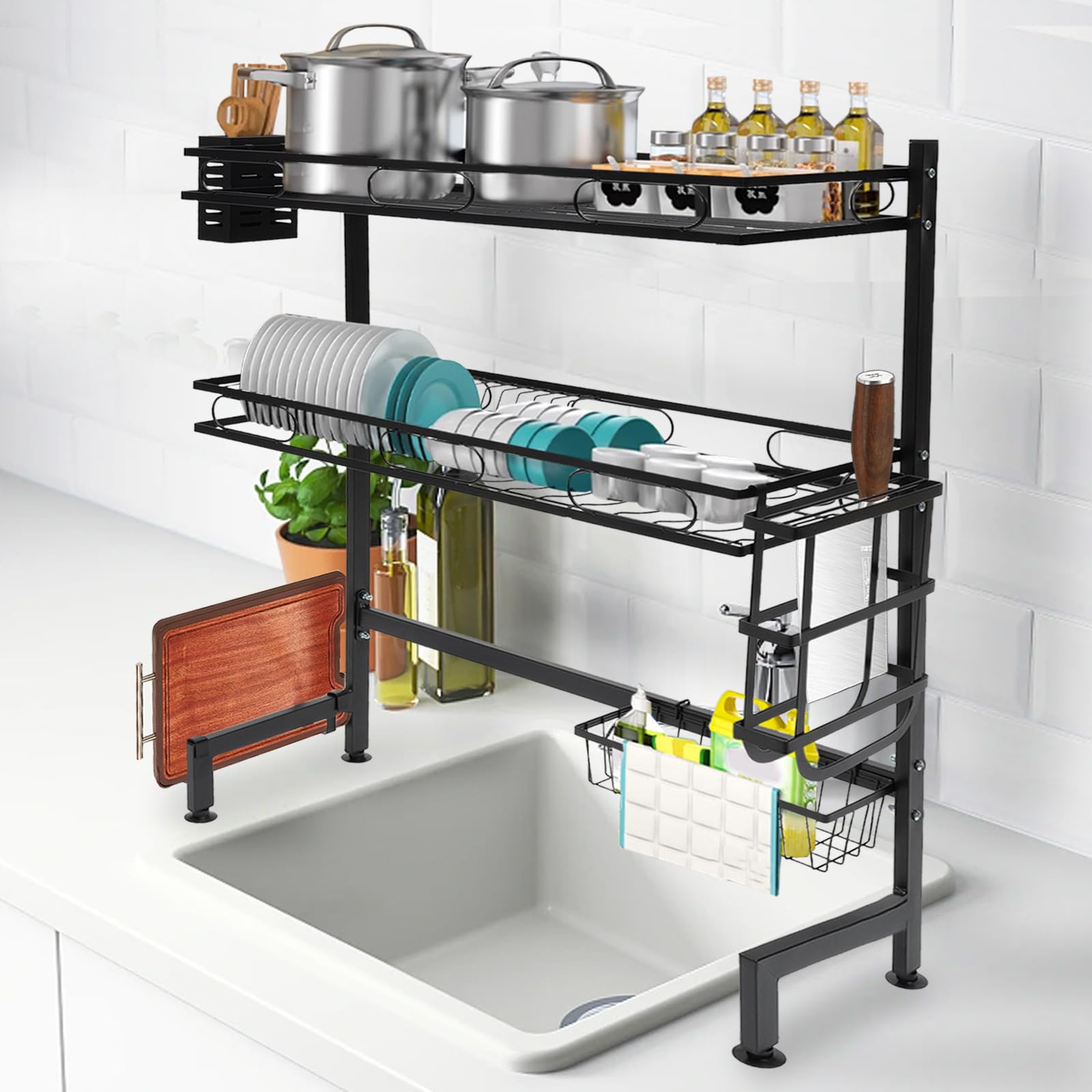 Geschirrabtropfgestell Edelstahl Double Layer Sink Storage Rack Komplettes Set Trockengestell Geschirr Abtropfständer für Küche (62cm)