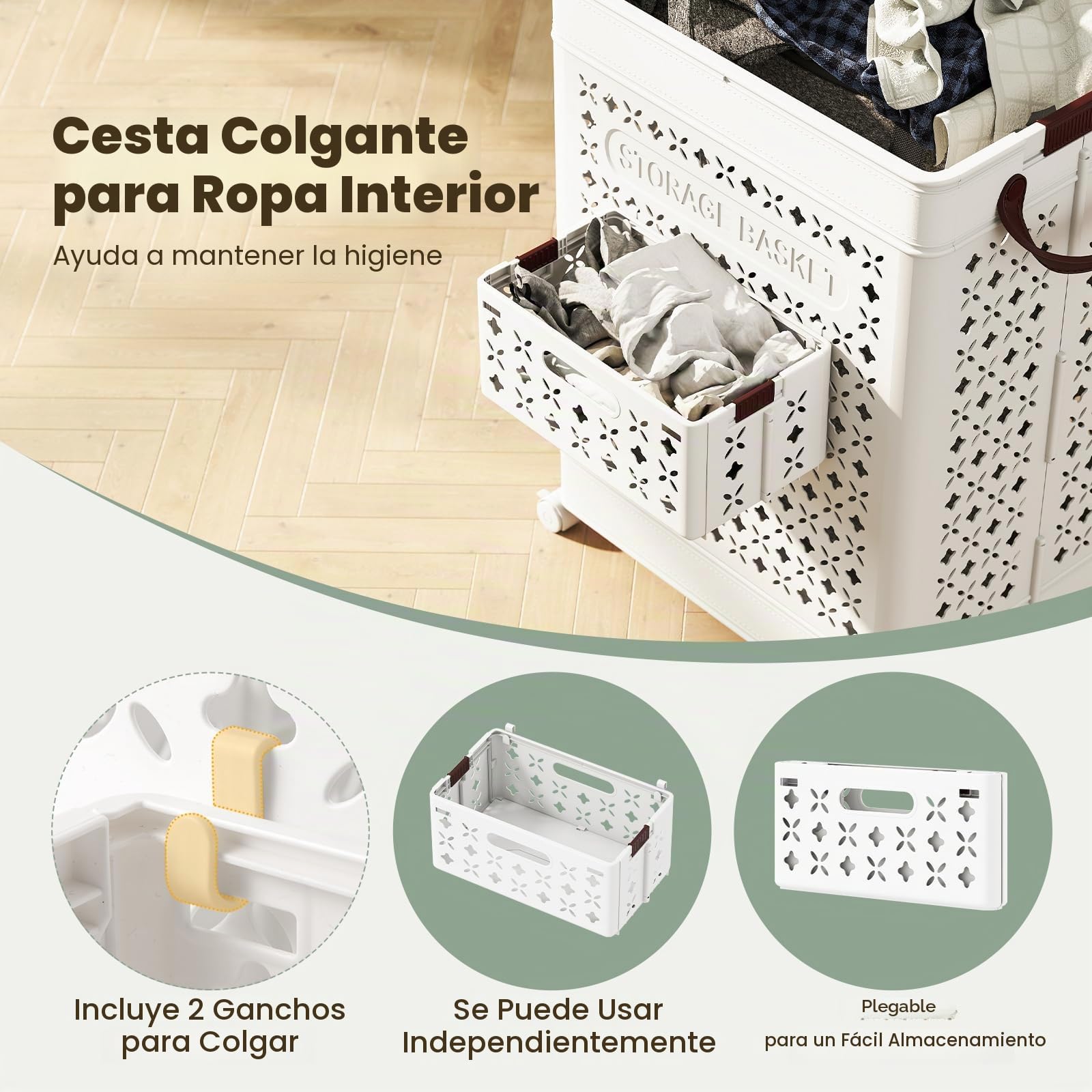 GIANTEX Cesto para la Colada Plegable de 75 L, Contenedor de Plástico con 4 Ruedas, Cesto Lateral y Asas, 43,5 x 34 x 61 cm, Cesta de Ropa Sucia para Baño, Lavandería, Dormitorio | Cesta para la ropa sucia de plástico con 1 cesta plegable y asas, 43,5 x 3