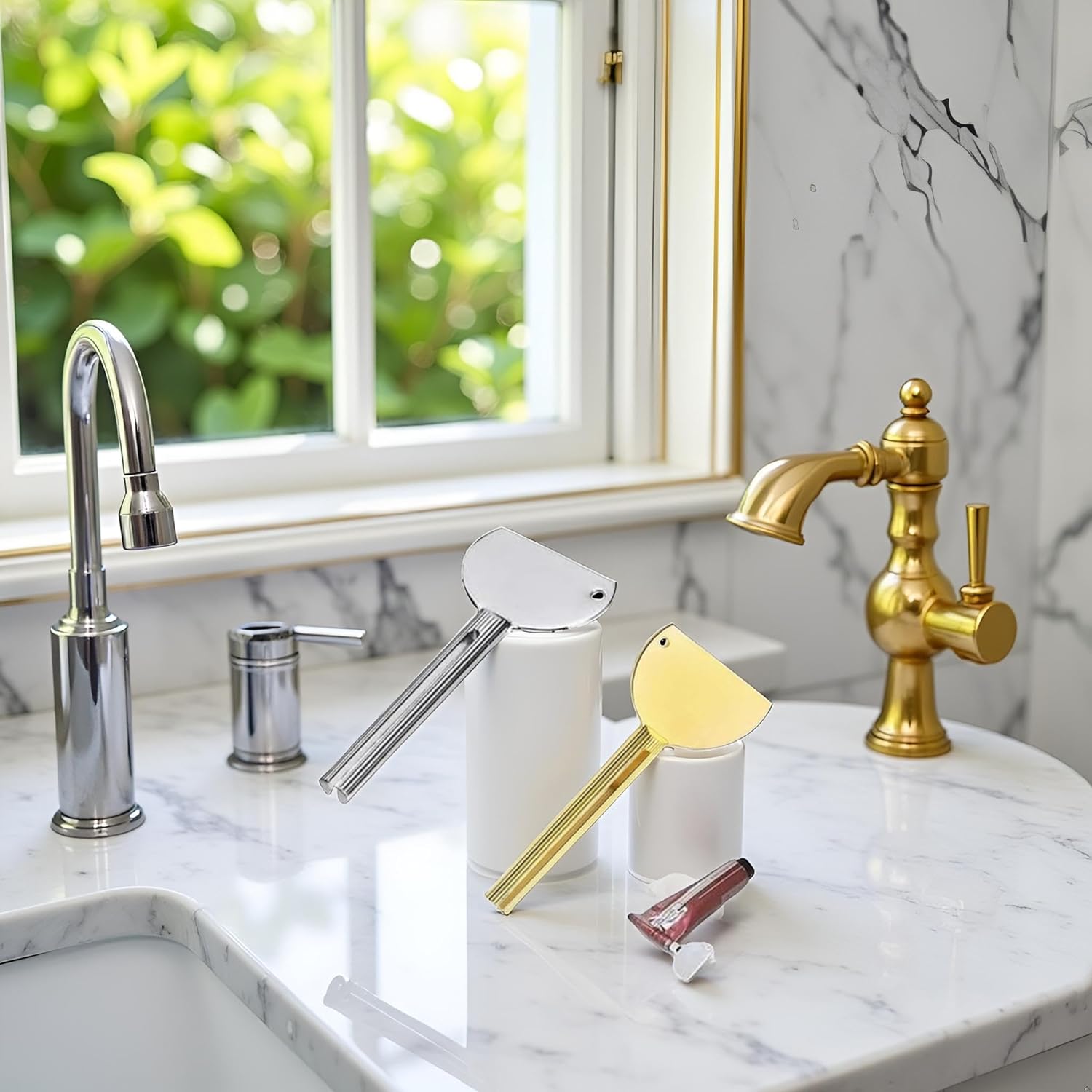 2Pcs Toothpaste Squeezer,Metal Tube Squeezer Key Stainless Steel Dispenser Roller Tube Presser Roller Tube Wringer Key Bathroom and Kitchen Gadgets for Various Tube Ointment Product (Silver and Gold)