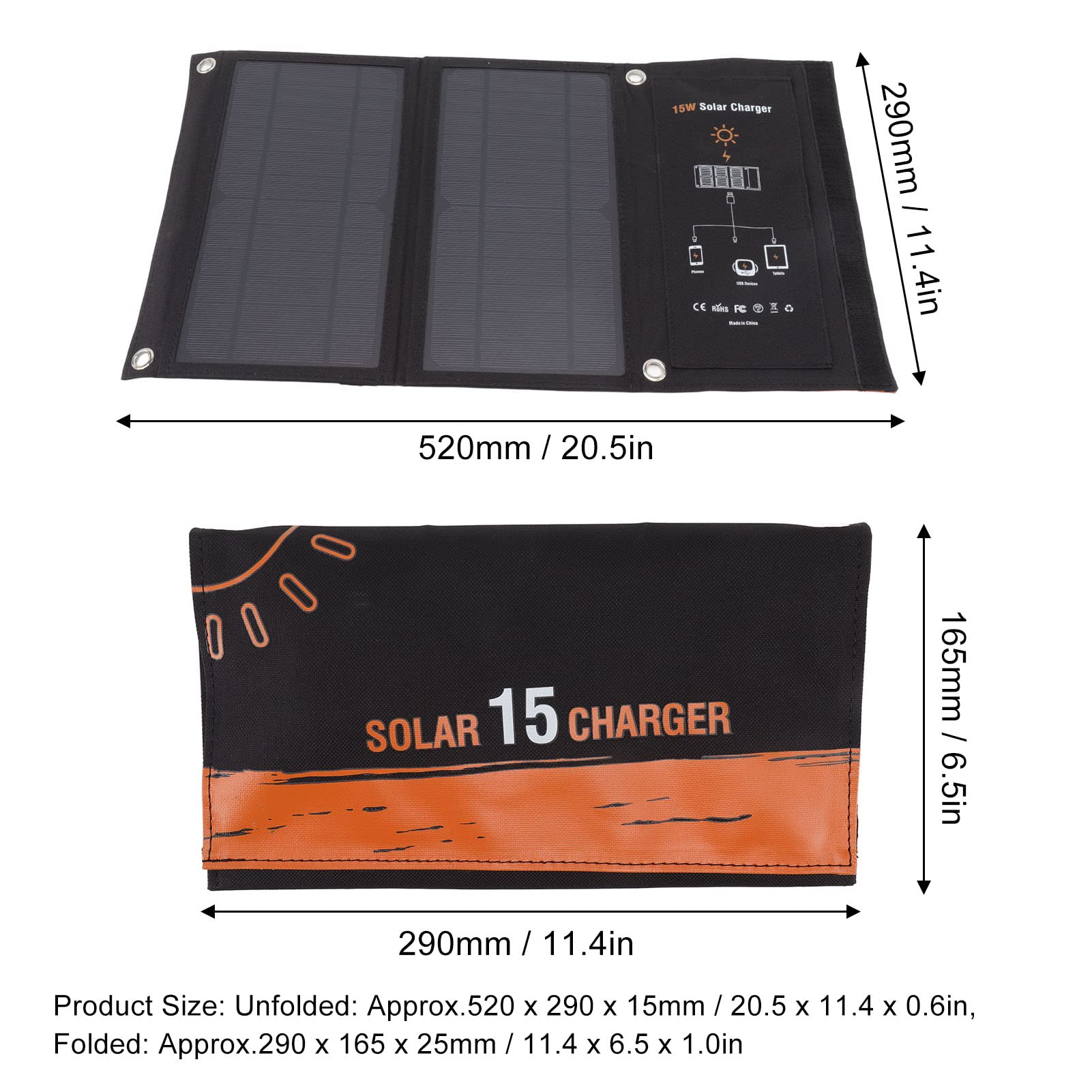 Fafeicy Cargador de Panel Solar, Paquete de Carga Solar Plegable Monocristalino de 15 W con Doble USB, Carga de Energía Portátil Compacta para Acampar, Senderismo, Viajes, Usuarios de Teléfonos Al