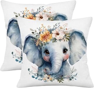 2Pcs Watercolor Baby Elephant Pillow Cover with Floral Crown | Cute Animal Decorative Throw Pillow Case Double Sided Print for Nursery Baby Room Kids Bedroom Sofa Couch Home Decor 18x18