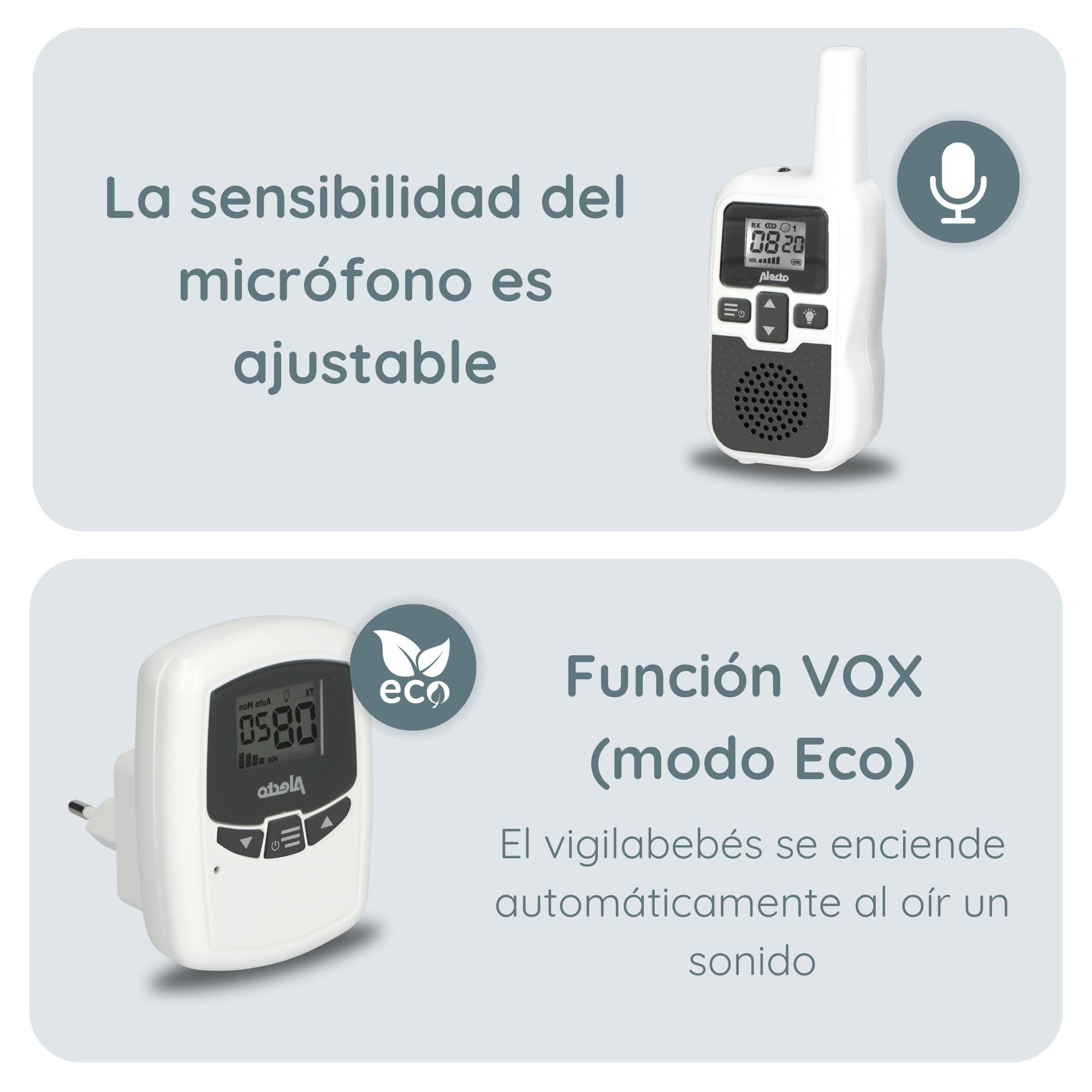 Alecto bébé DBX80 Vigilancia de Largo Alcance - Monitor Bebe Alcance de hasta 3.000 Metros - con Largo Tiempo de Espera (hasta 9 Horas) - VOX - Sensibilidad Ajustable - Ampliable - Blanco
