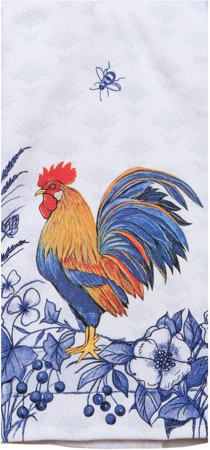 2 Piece Farmhouse Rooster Blue and White Dual Purpose Terry Towel Kitchen Bundle