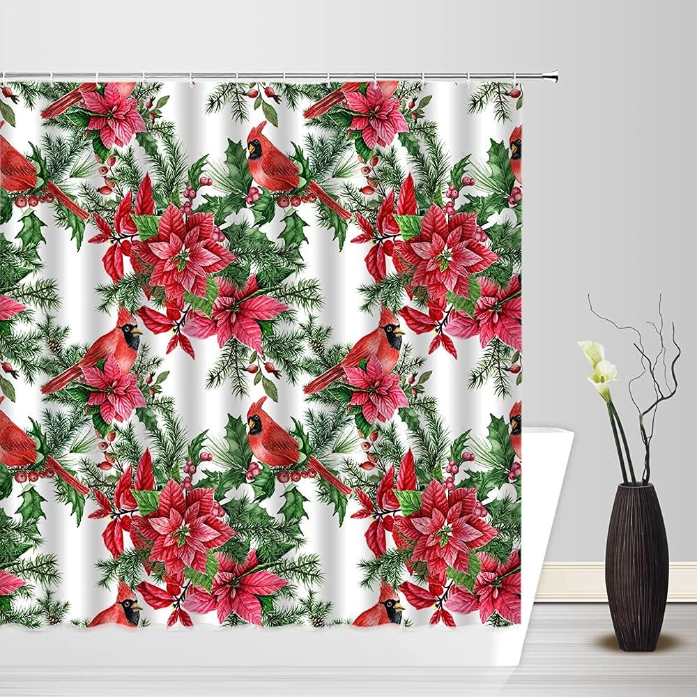 Merry Christmas Extra Long Shower Curtain, Red Xmas Bird Poinsettia Green Twigs Berry Pine Tree Branch Winter Vintage Rustic Xmas Holiday Festival Bathroom Curtain Decor with Hooks,70" Wx78 H