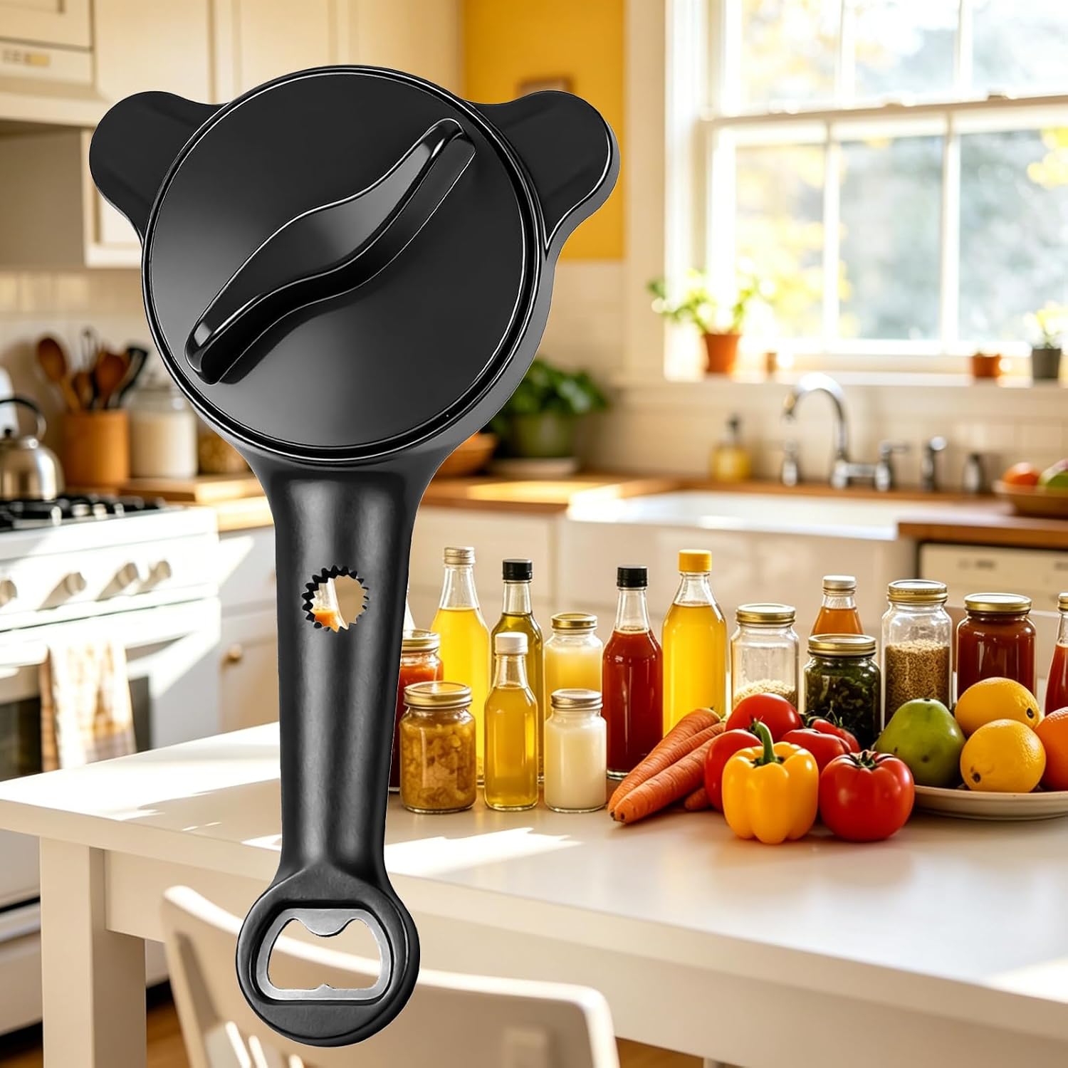 Adjustable 4-in-1 Jar Opener for Weak Hands & Seniors with Arthritis – Fits 1-3.5 inch Lids, Easy Open Kitchen Tool for Jars, Bottles, Cans, Beer Caps (Black)