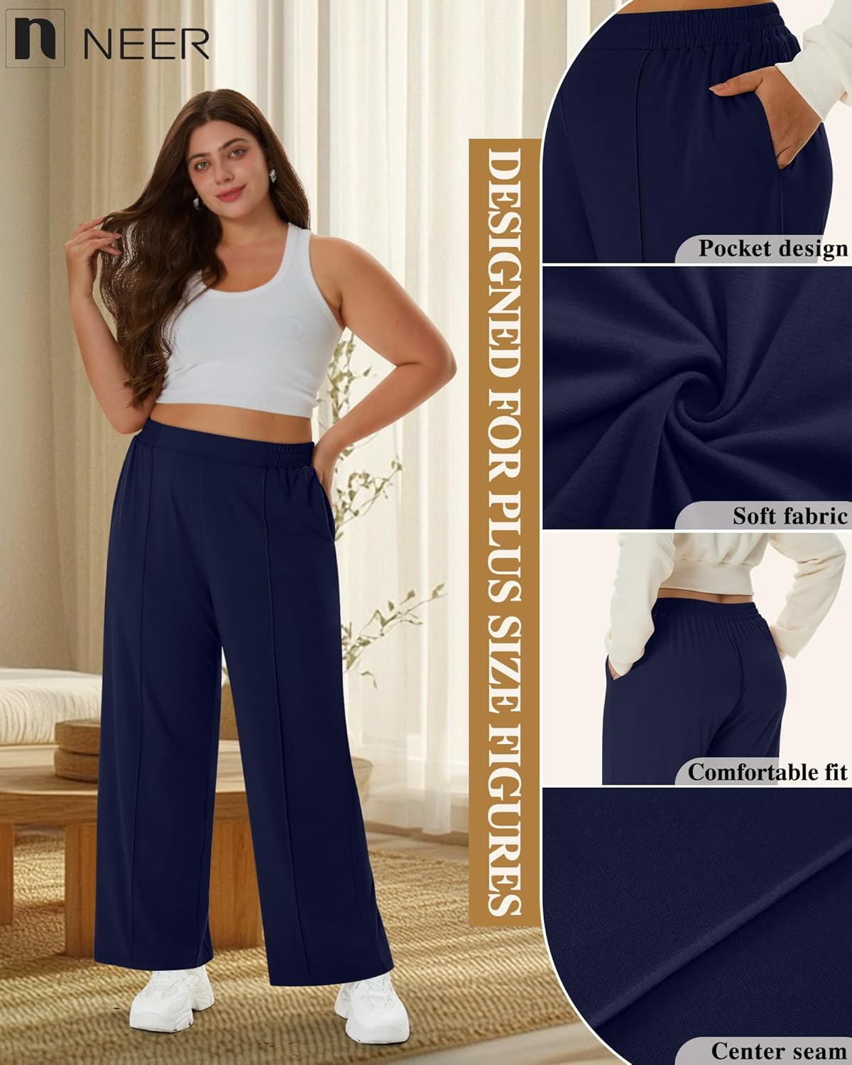 Neer 4 Pack Women's Plus Size Lounge Pants, High Waisted Wide Leg Front Seam Sweatpants Yoga Casual Baggy Pants with Pockets - Image 4