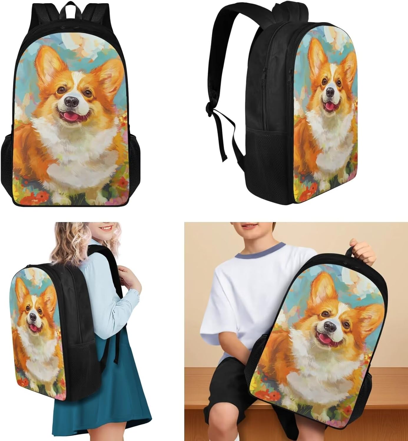 Corgi Backpack for Teen Girls Middle School Aesthetic Big Cute Kid Bookbag School Bag Lunch Bag and Pencil Box Set for Elementary Boys, 3Pcs
