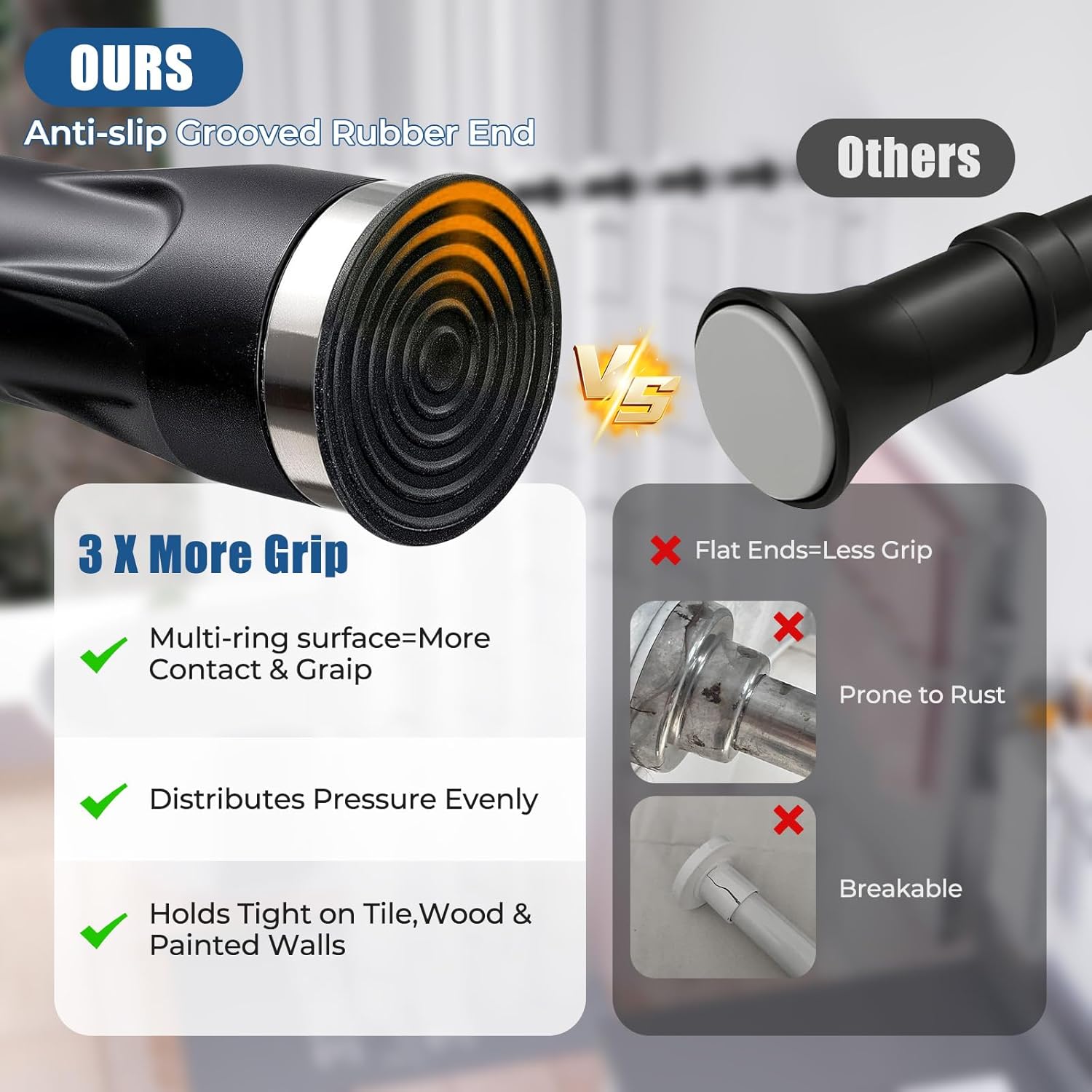 Shower Curtain Rod, 3-Way Installation (No Drilling, Adhesive Or Screw In Mount), Adjustable Shower Rod, Non-Slip Tension Rod, No Drill Curtain Rod for Bathroom, Closet, Room Divider (Black)