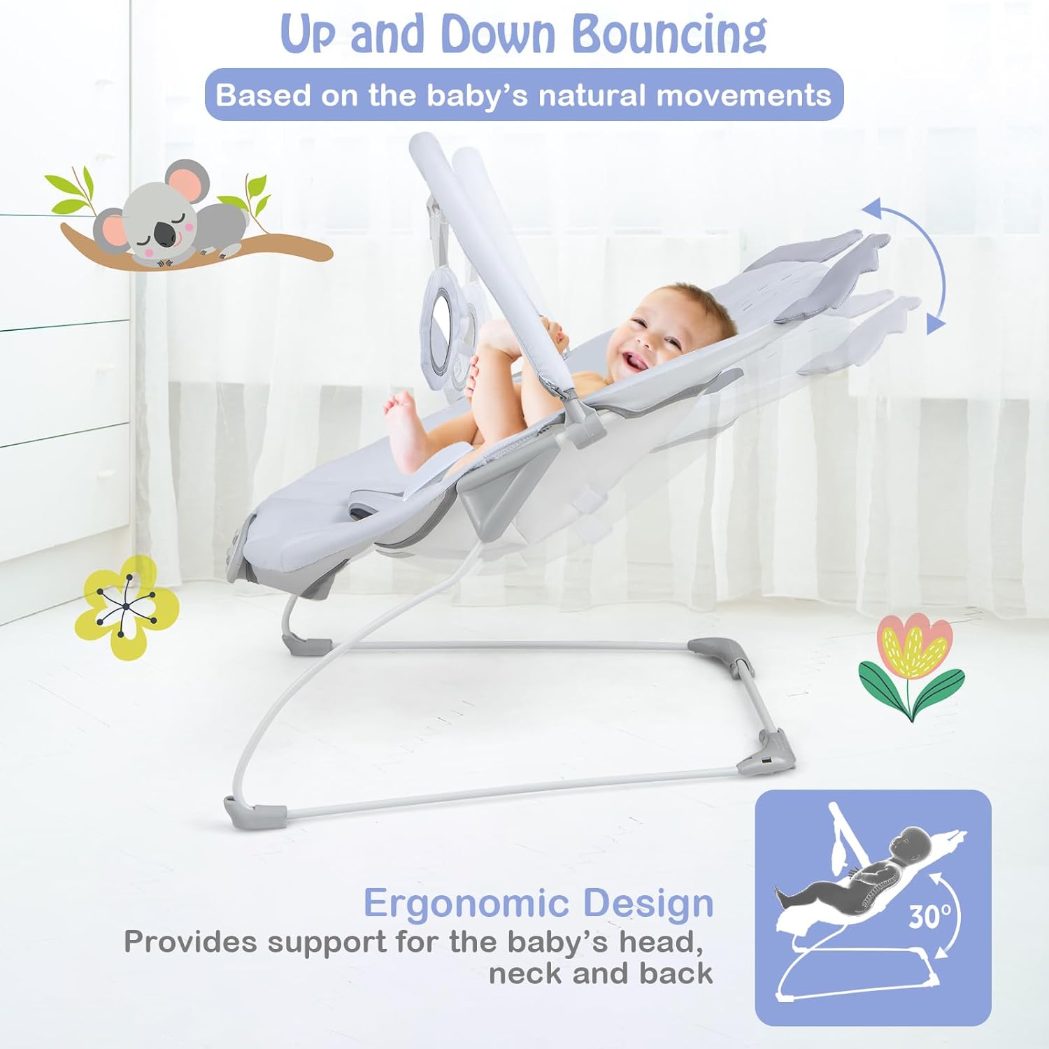 HONEY JOY Baby Bouncer, Portable Infant Newborn Rocker & Stationary Seat w/Soothing Vibrations, Removable Bar, Music, Safety Harness, Bouncer Seat for Babies 0-6 Months up to 20 lbs, Gray Koala