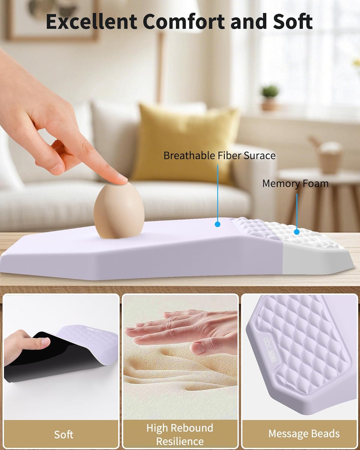 Ergonomic Mouse Pad Wrist Rest Support, Massage Design Surface for Carpal Tunnel Pain Relief, Memory Foam, Non-Slip PU Base for Computer Desk, Purple