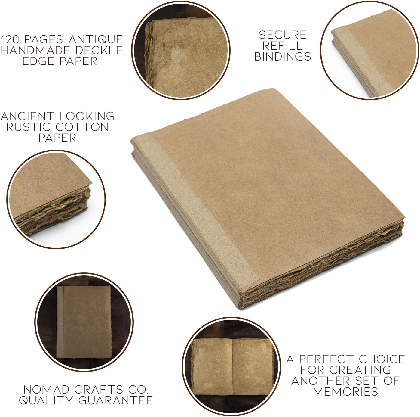 Vintage Paper Refills - 120 Pages of Antique Handmade Deckle Edge Vintage Paper Refillable Leather Journal, Book of Shadows, Writing Sketchbook (11.7' x 8.3' A4)