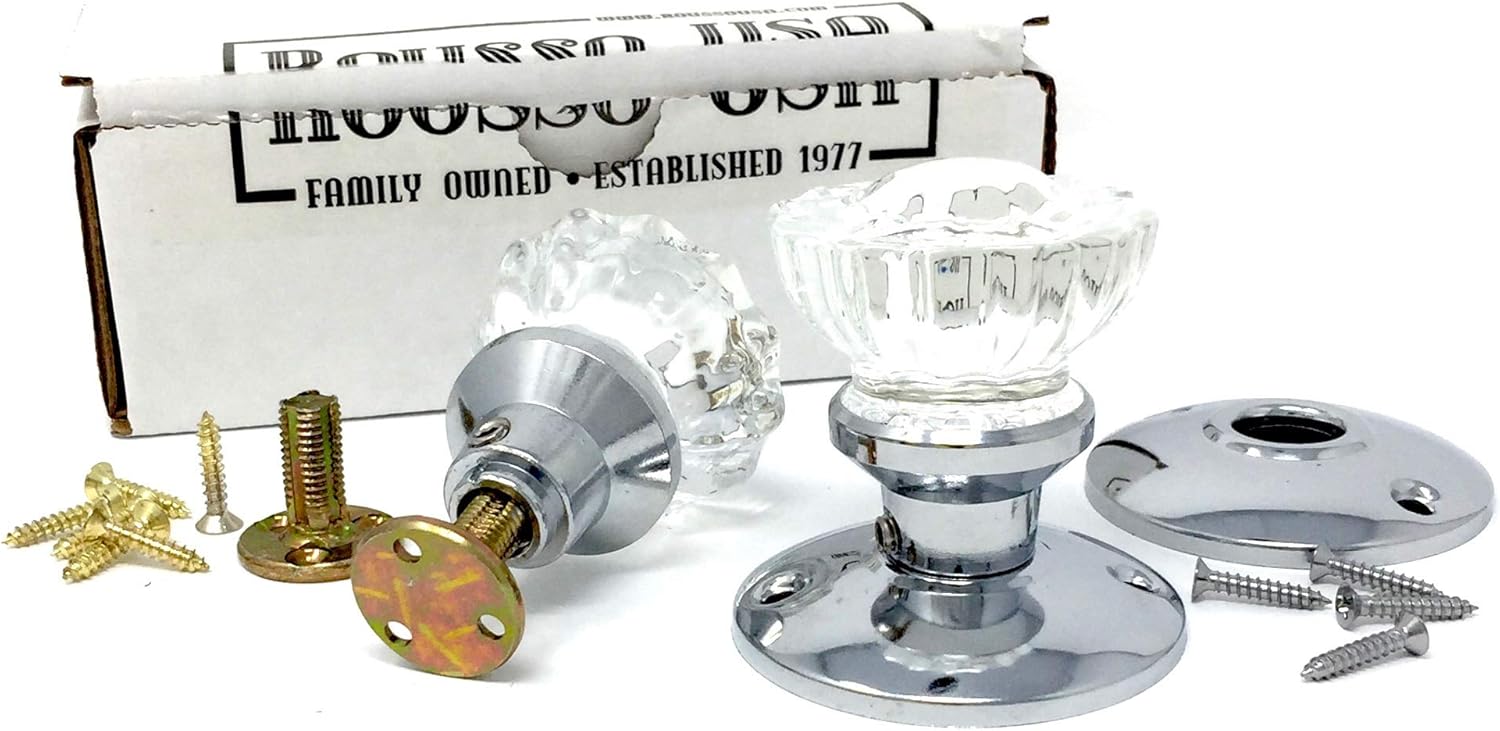 Crystal Fluted Glass French Door Dummy Knob Set with All Hardware to Install on One Side of Two Doors or Any Two Solid Surfaces for Pantry, Furniture, Home or Office Decorating
