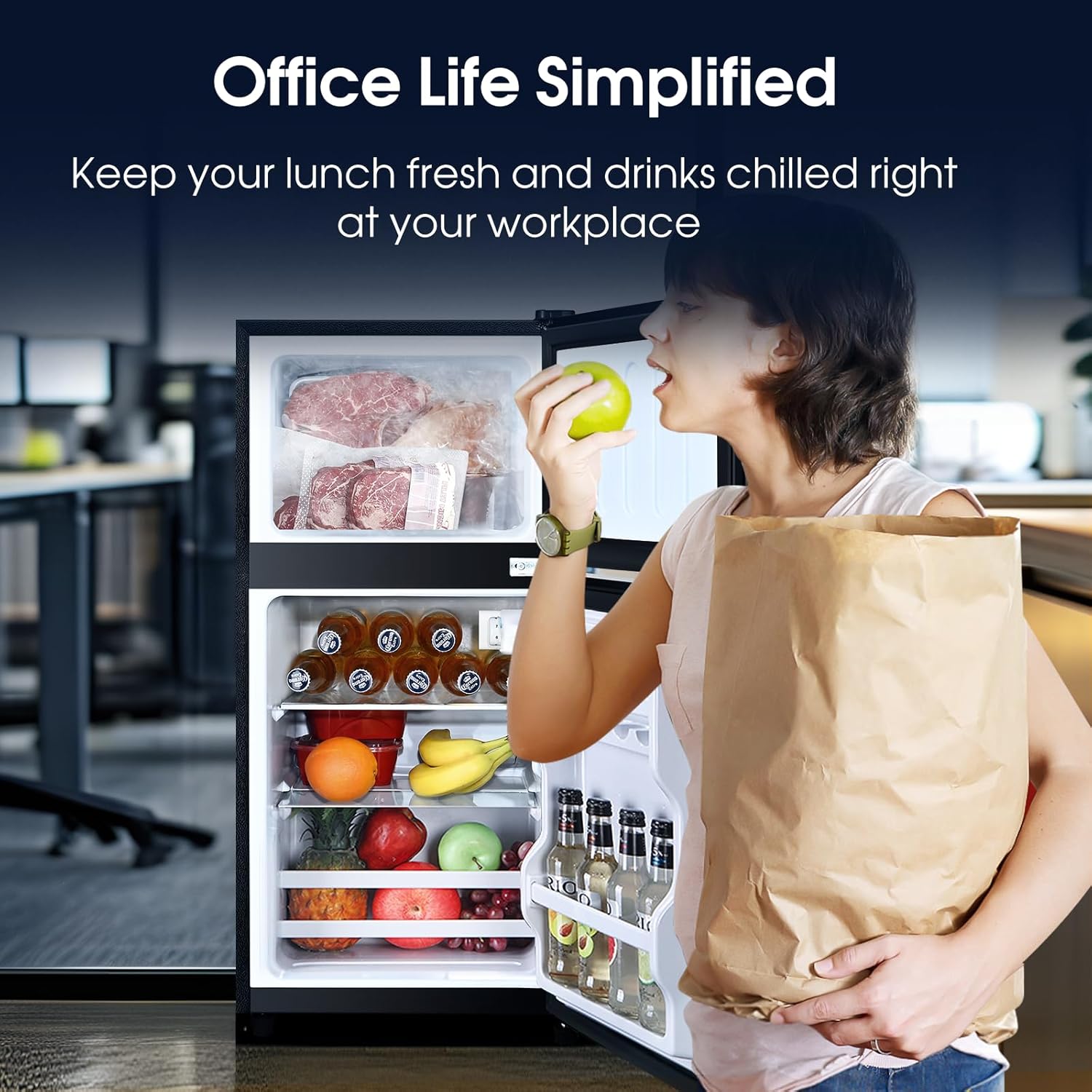 3.2 Cu.Ft Fridge with Freezer, Double Door Refrigerator with Freezer, Temperature Control, Adjustable Shelves, Fridge for Office, Bedroom, Dorm, Garage, RV