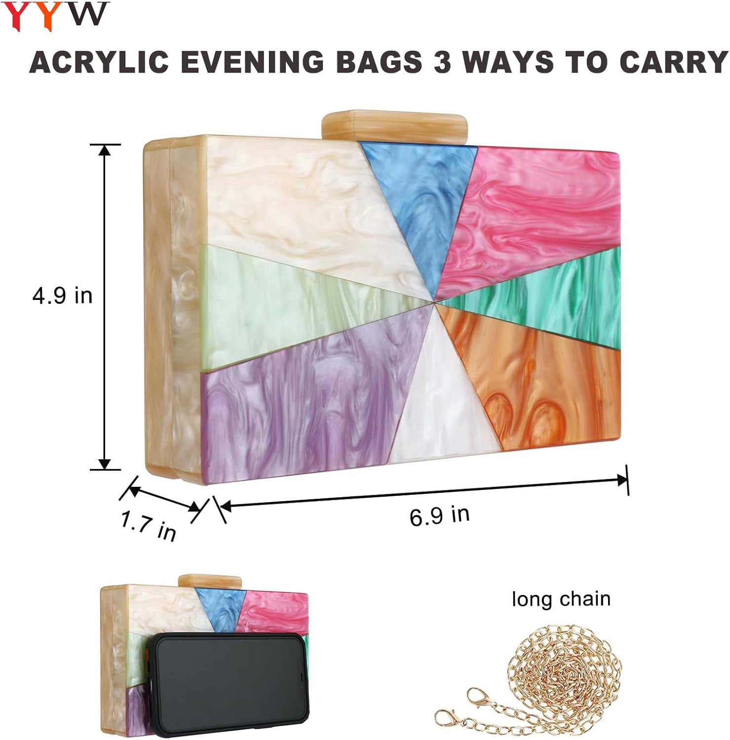 YYW Acrylic Clutch Purses for Women Wedding : Multicolor Evening Crossbody Bag Marbling Handbags with Detachable Chain - Image 3