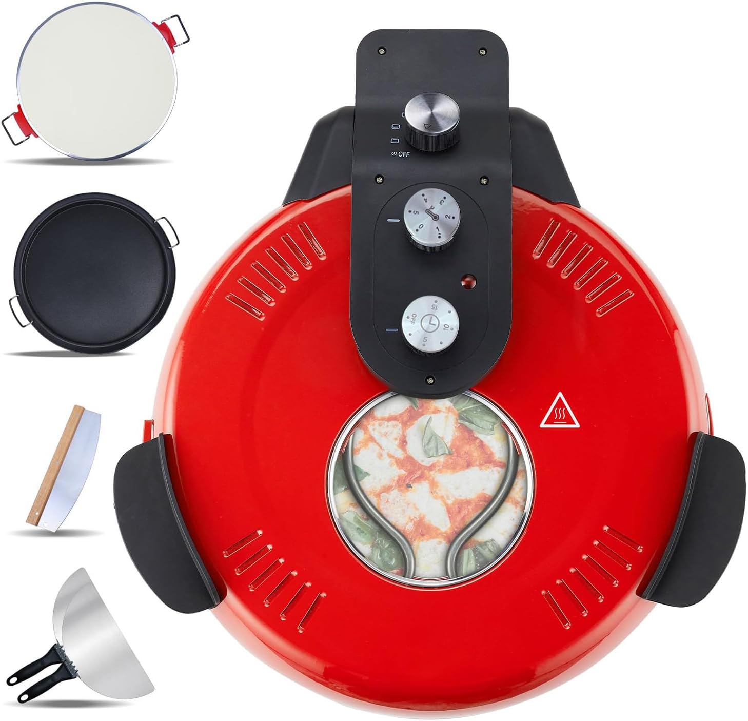 Electric Pizza Oven Indoor, 16" Countertop Pizza Oven with Pizza Stone & Grill Pan, Viewing Window, Timer, Heats up to 380℃, Table Top Pizza Cooker Portable Pizza Maker for Homemade Pizza red