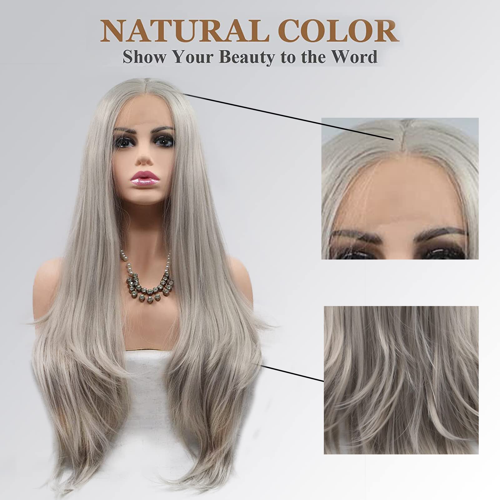 AFBeauty Lace Front Wigs for Women Grey Silver Wigs Long Natural Straight Gray Wig Ash Platinum Blonde Real Hair Wig Glueless Pre Plucked Hairline Synthetic Heat Resistant Drag Cosplay Daily 24 Inch - Image 4