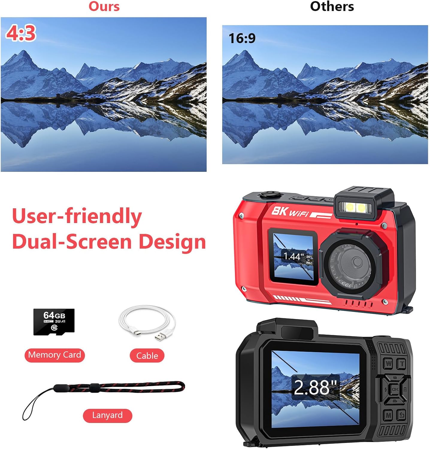 UHD 8K Underwater Camera, 70MP 33FT WiFi Waterproof Digital Camera with 64GB Card, Auto Focus Waterproof Dual-Screen Selfie 2500mAh Battery, 18X Floatable Digital for Snorkeling,Red