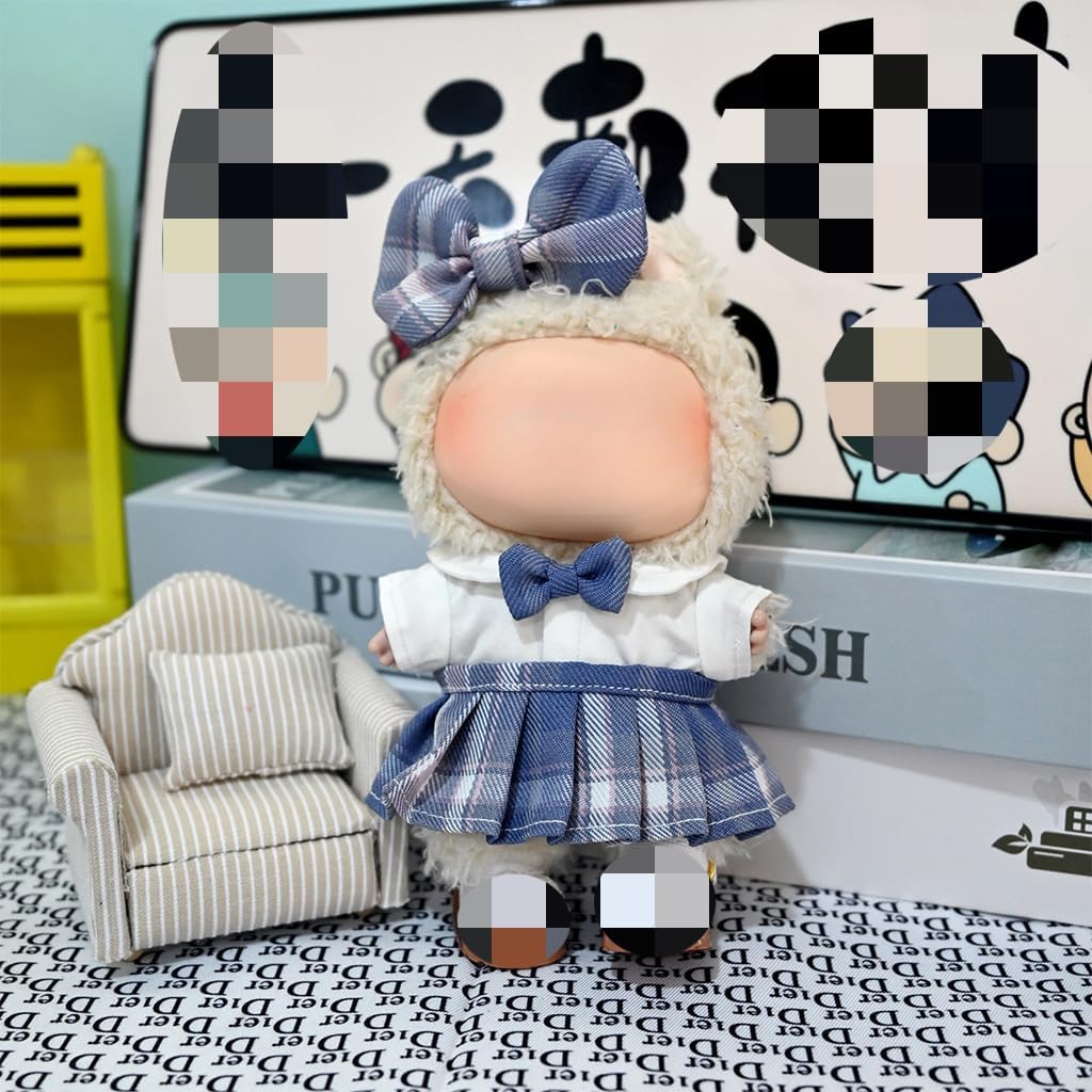 Clothes for Labubu 3-Piece Cotton Uniform Set with Bow Clip, Bow Tie Shirt & Plaid Skirt for 17cm Dolls(No Doll,No Shoes) (Blue)