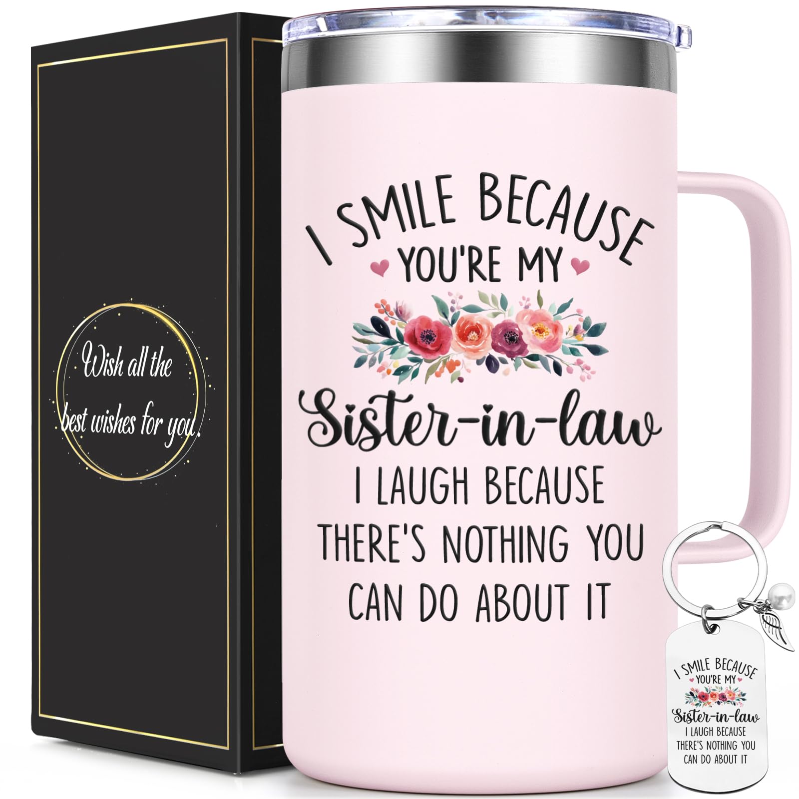 Lifecapido Sister in Law Gifts, I Smile Because You’re My Sister in Law 20oz Insulated Coffee Mug with Keychain, Birthday Christmas Mothers Day Gifts, Rose Quartz