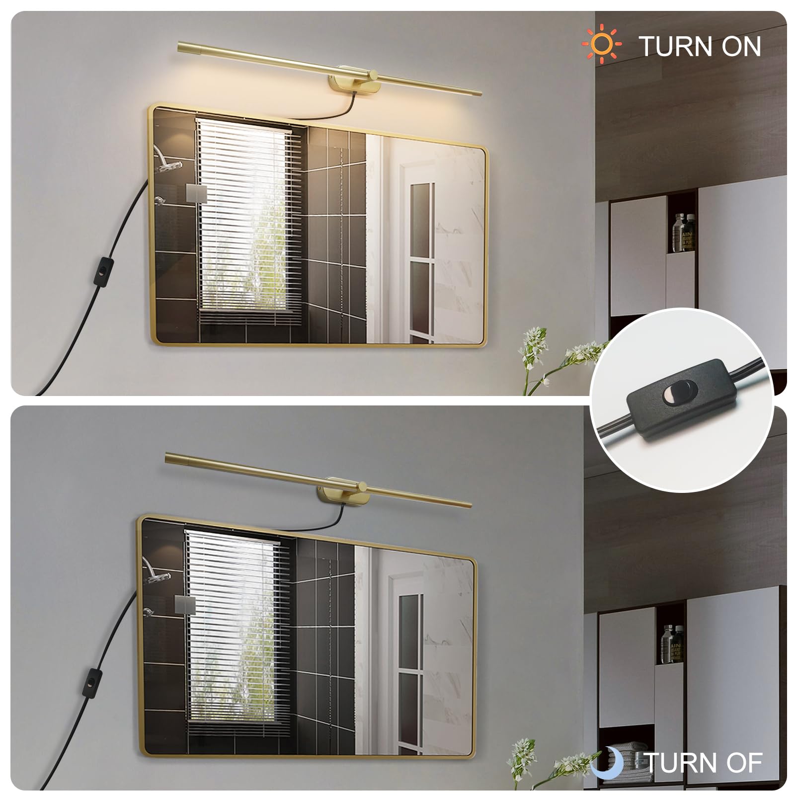 Lampada frontale a specchio a LED con spina, luce lineare per bagno, lampada da specchio per il trucco dorata, lampada da parete minimalista a striscia lunga con interruttore on/off