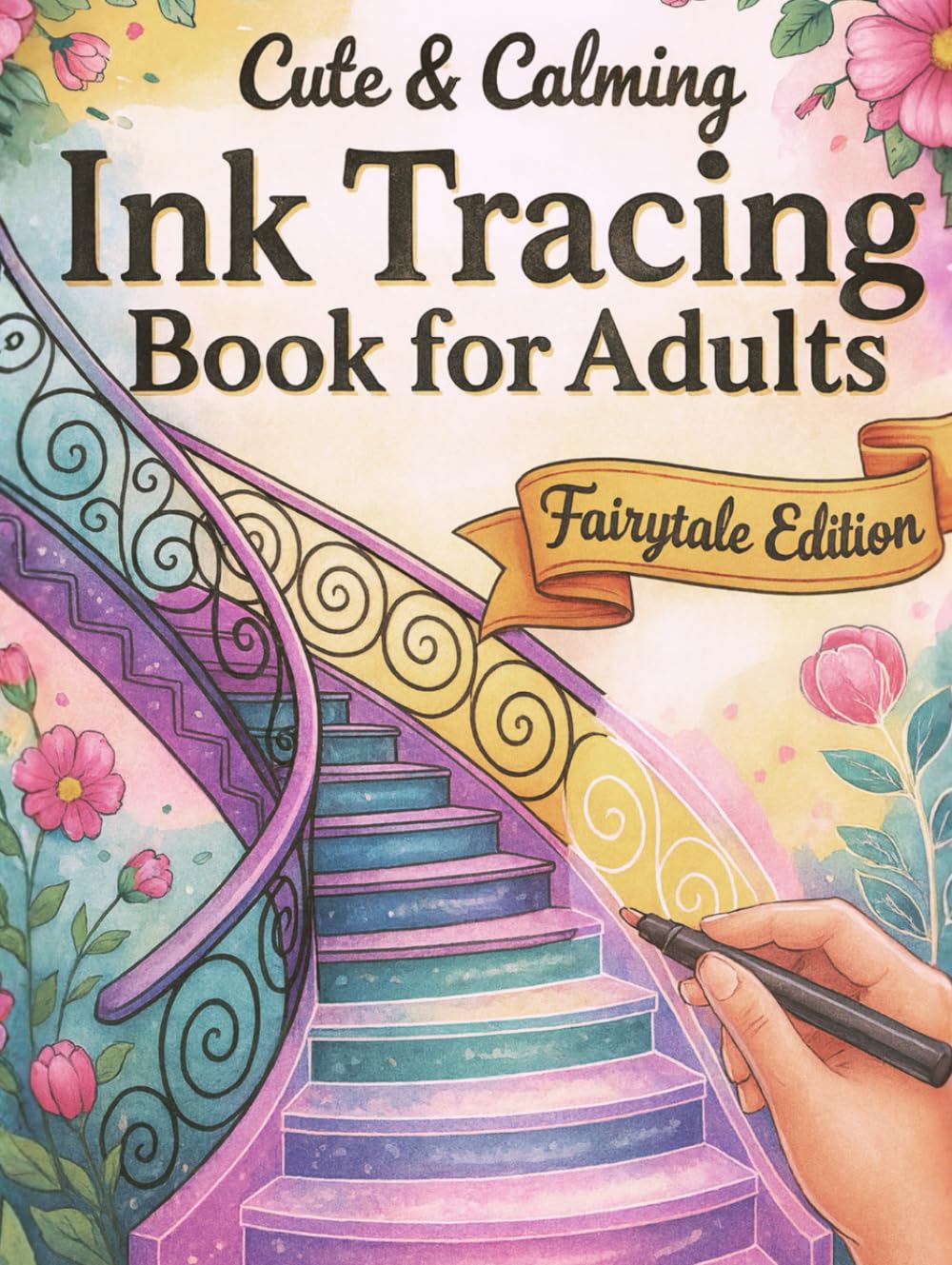 Cute & Calming Ink Tracing Book for Adults - Fairytale Edition: Trace the White Lines with a Black Pen to Reveal Magical Worlds of Calm and Creativity
