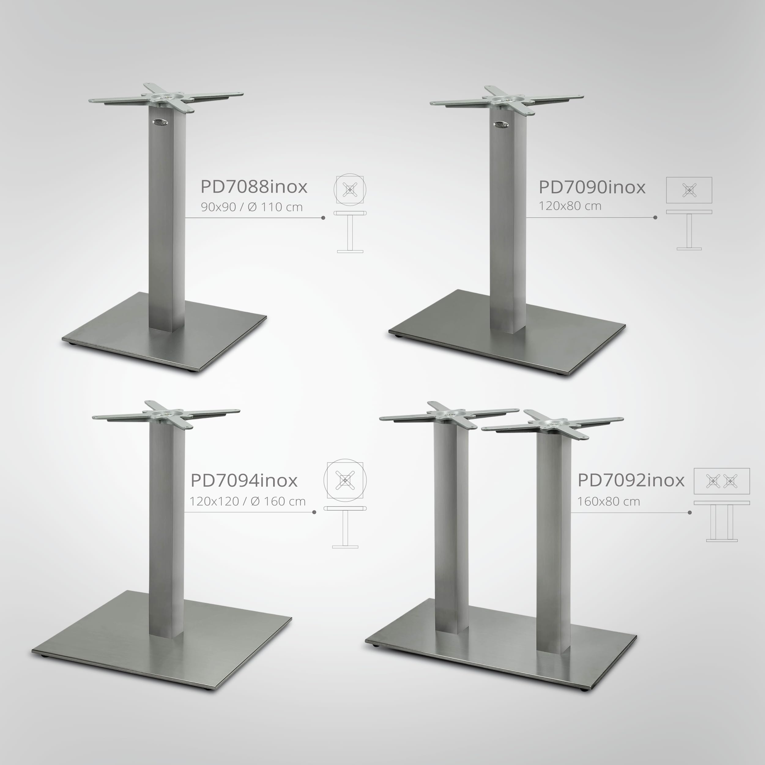 Tischgestell Tischbein Edelstahl | Premium | PD7088inox | INOX | Esstisch | Höhe 73 cm | 21,5 kg | Bodenplatte 45x45 cm | max. Tischplattengröße 90x90 / Ø 110 cm
