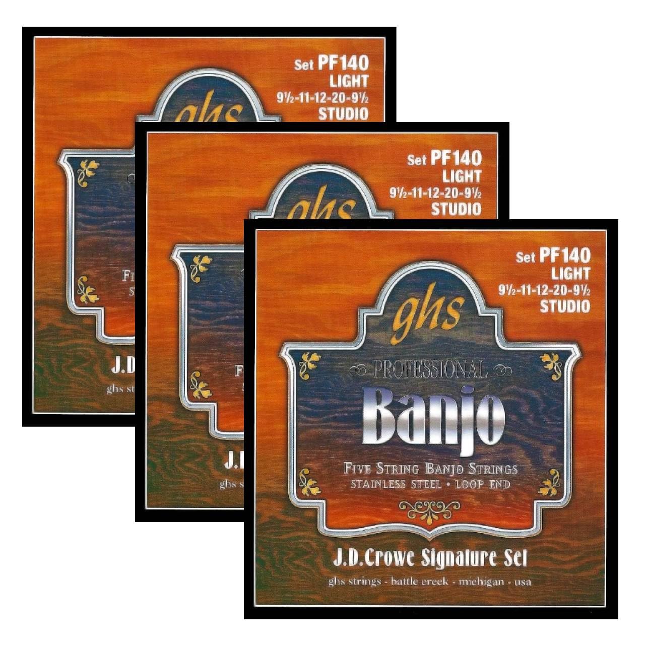 GHS Strings5-String Banjo Strings - J.D. crowe Signature Series (Studio) - Loop Ends - Light Gauge 9 1/2-20 - Model: PF140 SET - Pack of 3 SETS