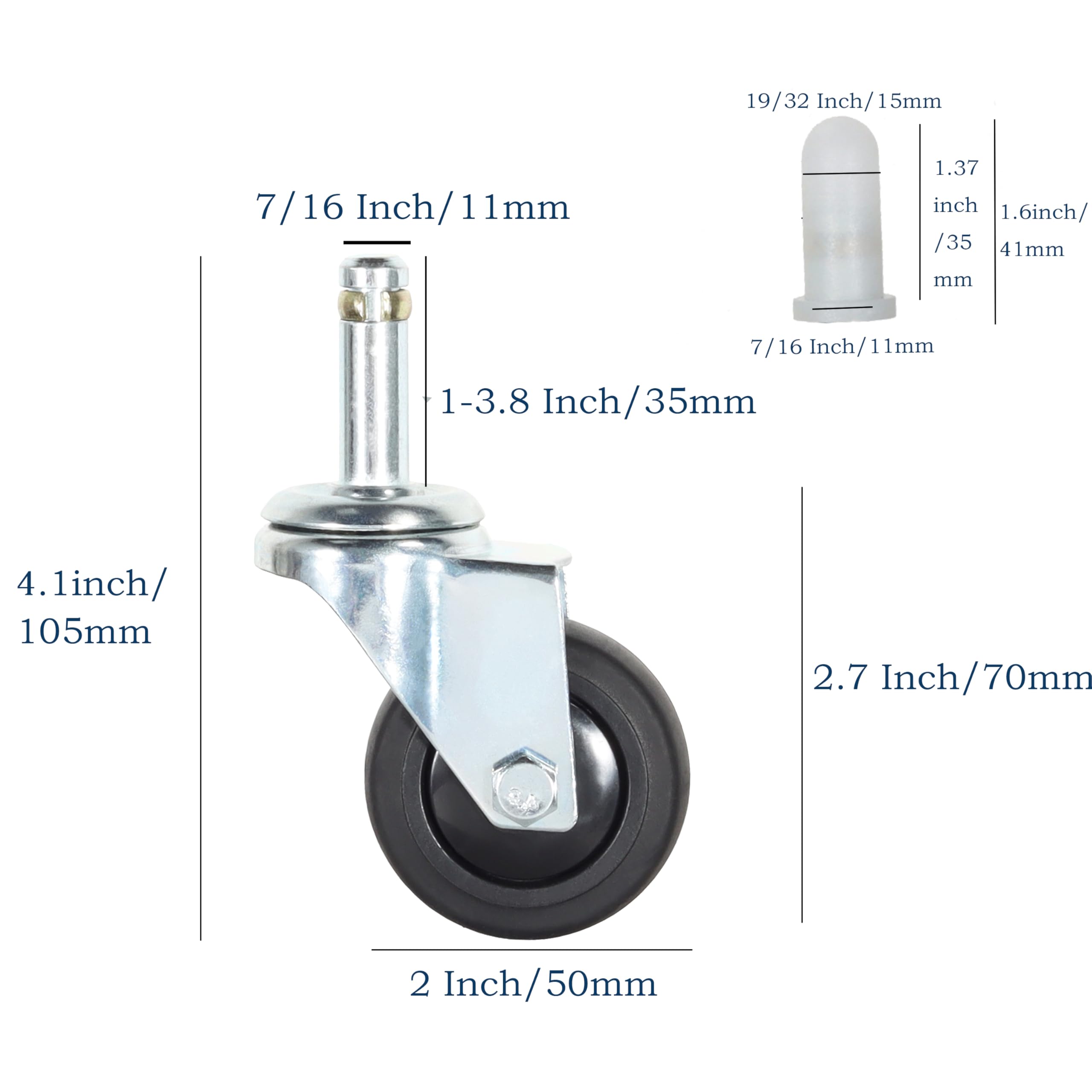 Koła jezdne Stem, 7/16" x 1-3/8" Koła obrotowe z hamulcem Koła TPR o nośności 200 funtów Koła zamienne Zestaw 4 kółek (bez hamulca, 2 cale)