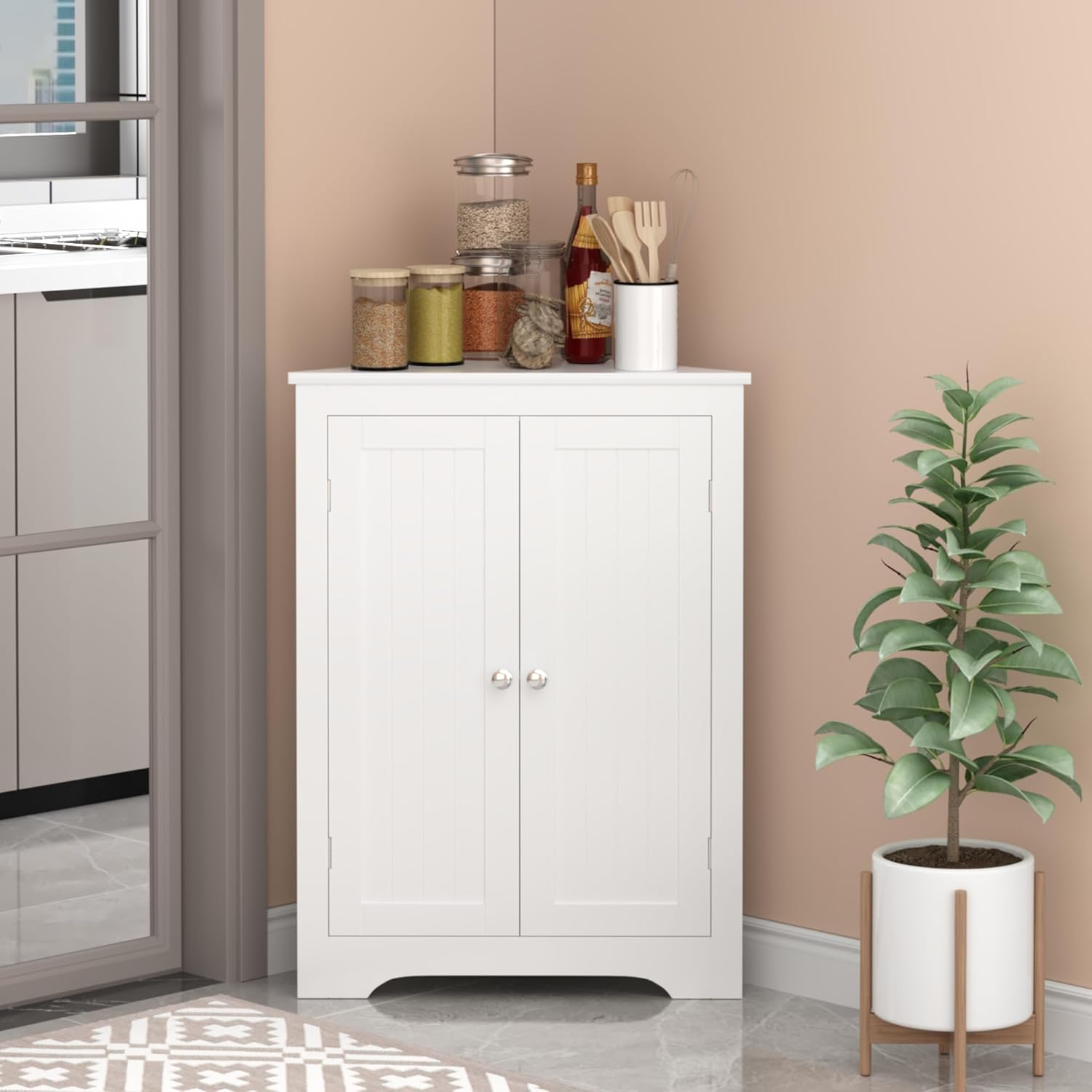 White Freestanding Corner Storage Cabinet with 2 Doors Adjustable Shelves for Bathroom Kitchen Living Room Bedroom Home Organizer