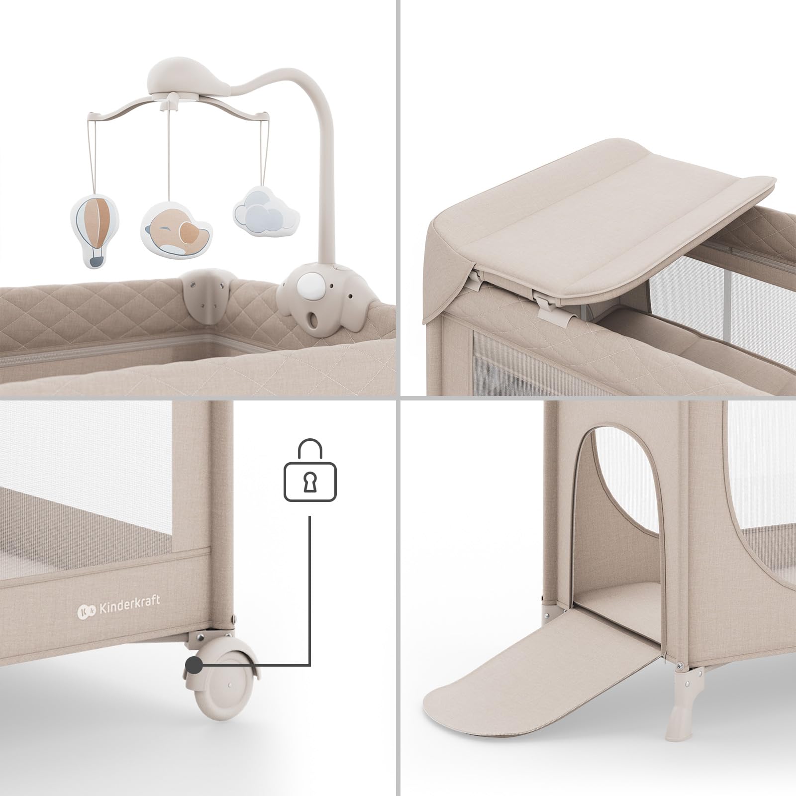 Kinderkraft LEODY UP, 2-in-1 Kinder- und Reisebett, Laufstall, klappbar, mit 2 Bodenhöhen, Rollen mit Arretierung, Seiteneinstieg, Mesh-Seiten, Tragetasche, Beige