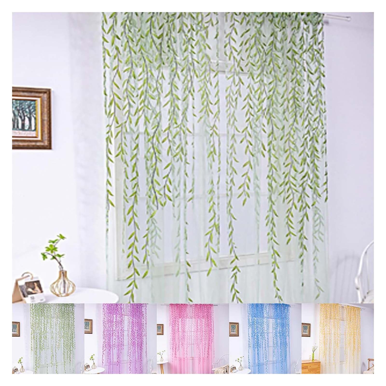 Willow Curtains,Weeping Willow Curtains,Weeping Willow Sheer Curtains,Weeping Willow Tree Window Curtains,Aesthetic Vine Curtains,Willow Leaf Wicker Curtains for Living Room (Green, 100*200cm)