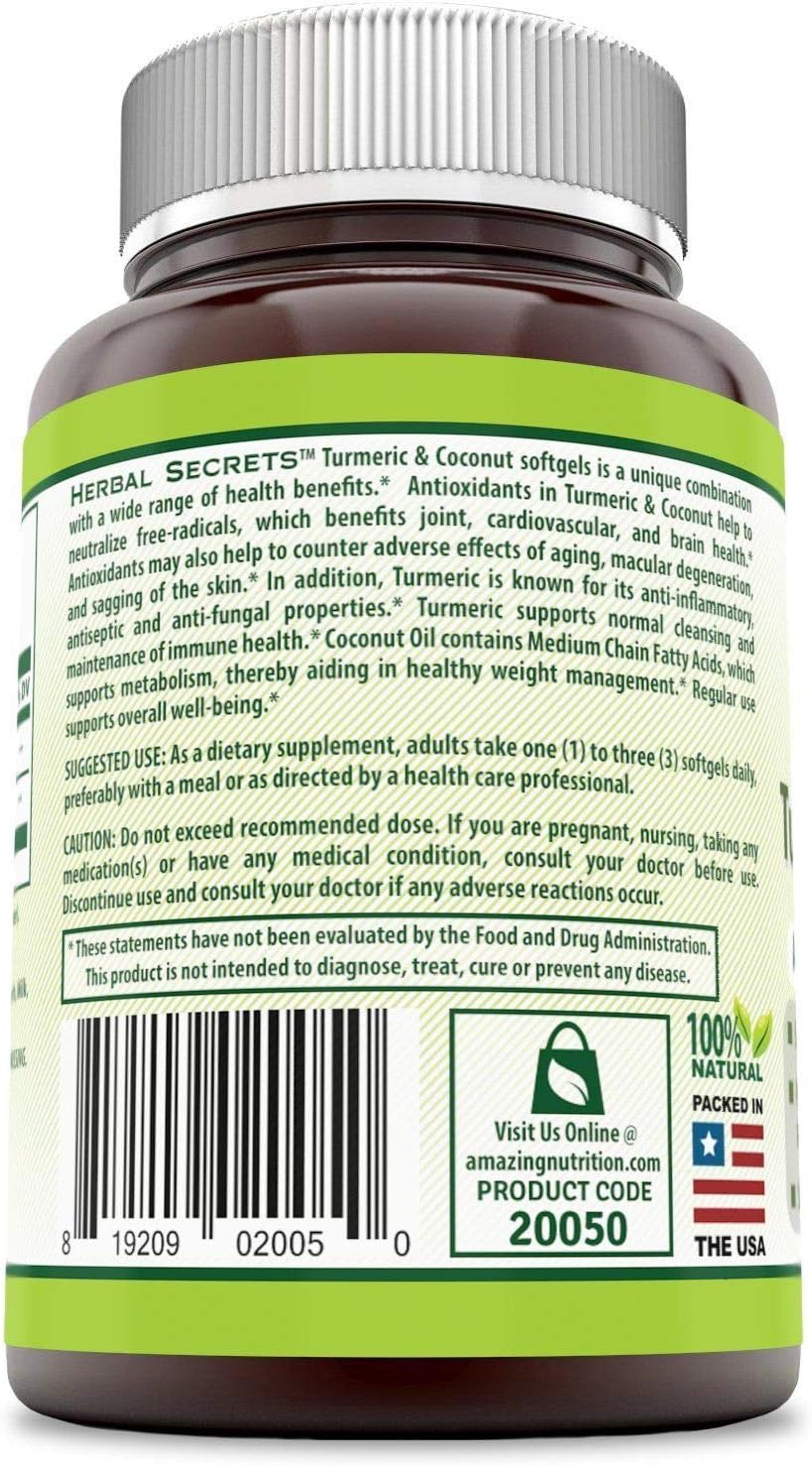 Herbal Secrets Turmeric & Coconut 900 Mg 120 Softgels (Non-GMO) - Antioxidant Properties* Supports Heart, Joint & Brain Health,Promotes Healthy Inflammation Response* : Health & Household
