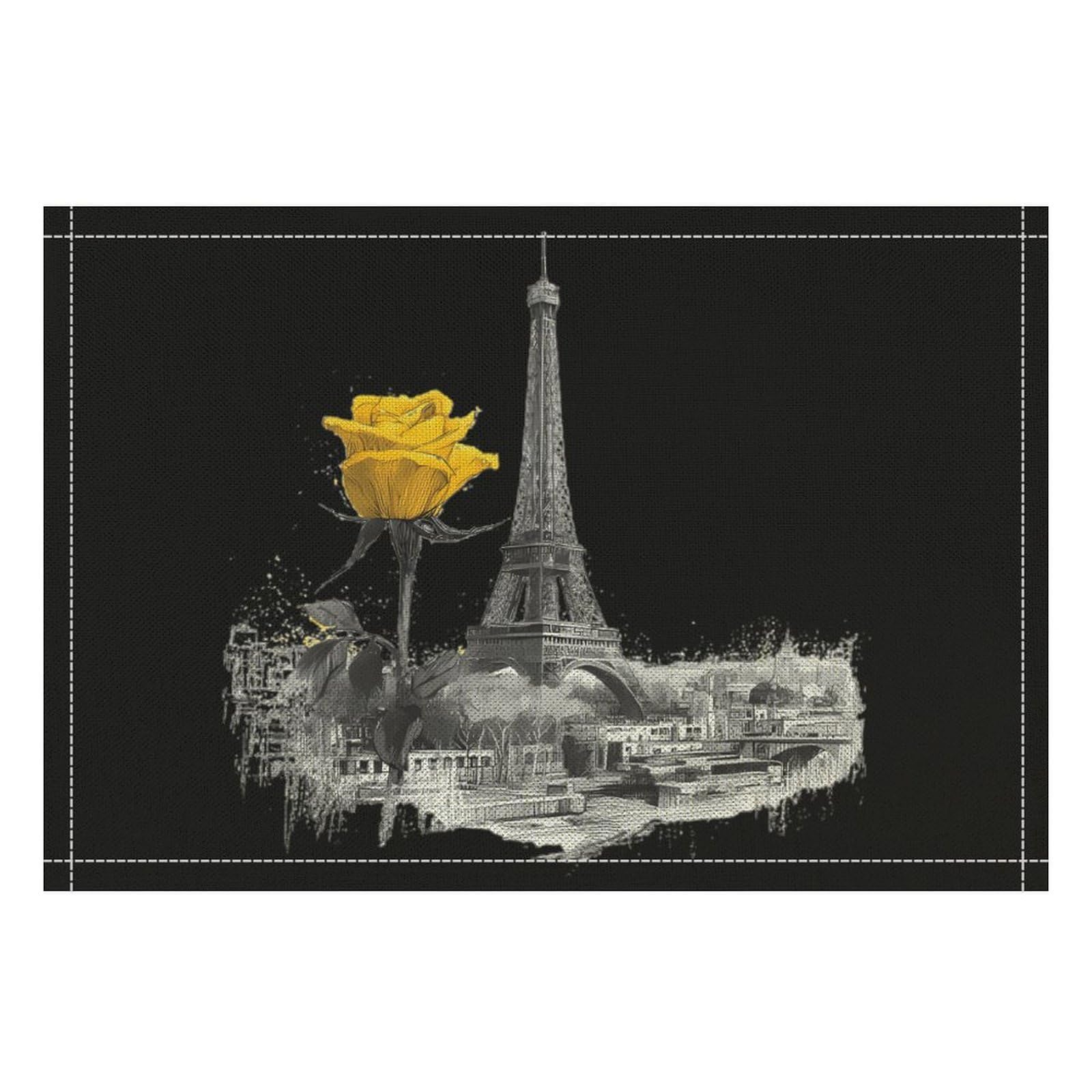 Eiffel Tower Nd Yellow Rose Funny Linen Placemats Heat Resistant Table Mats for Dining Kitchen 18 X 12 Inch