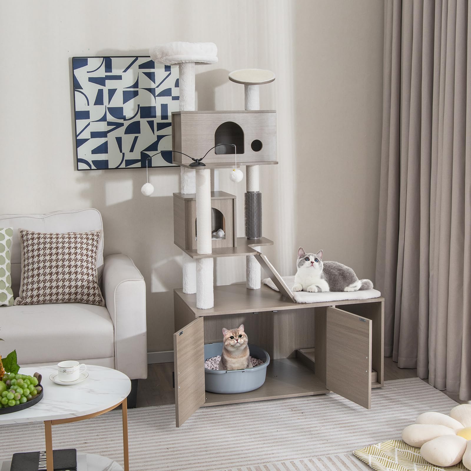 COSTWAY Albero per Gatti con Mobile per Lettiera, Torre per Gatti Moderna 2-in-1 con Doppie Cucce, Piattaforma Superiore, Pali in Sisal, Tiragraffi, Rampino, Piattaforma e Palline, Grigio
