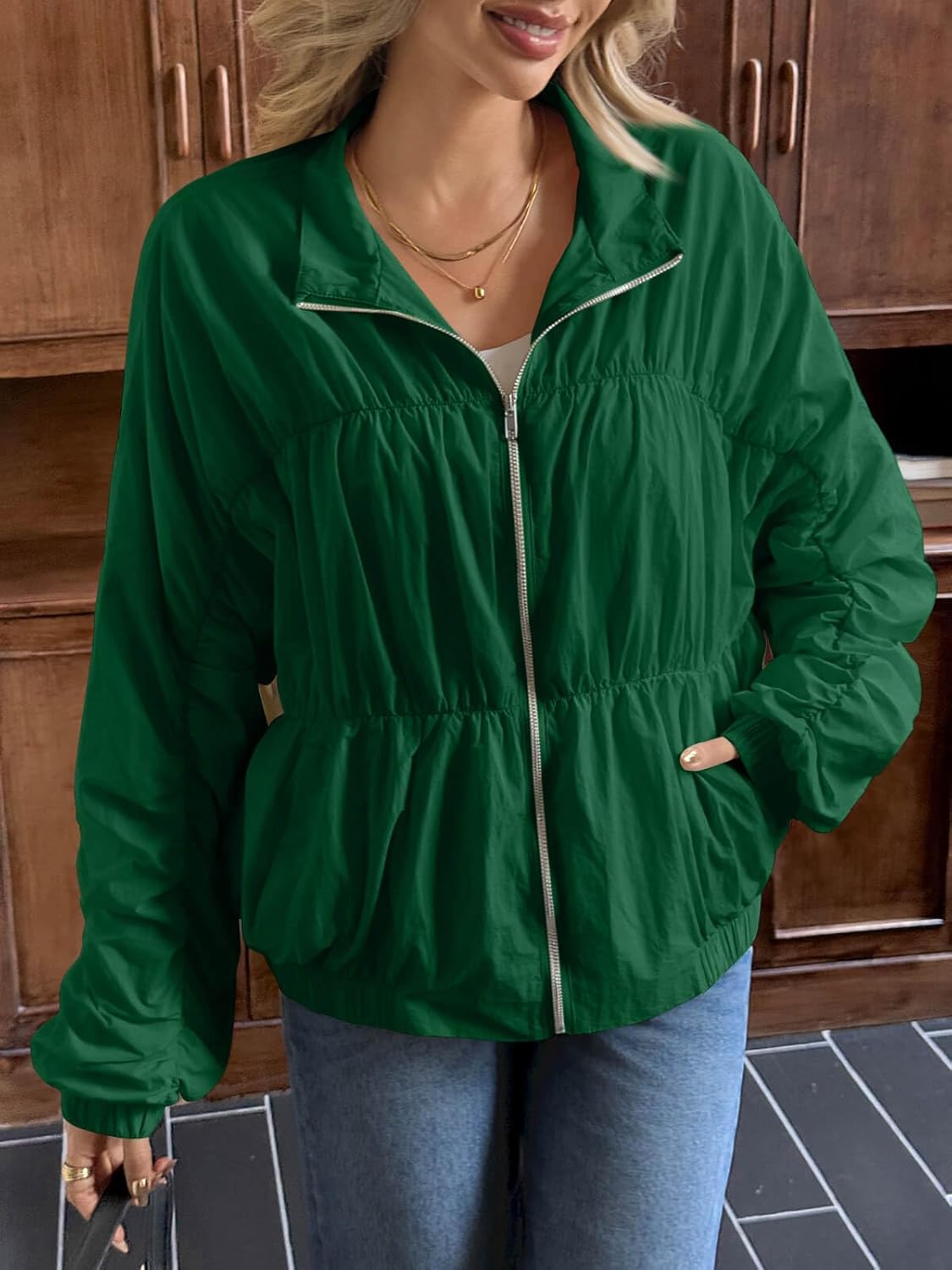 Yousify Womens Lightweight Bomber Jacket Oversized Batwing Sleeve Zip Up Stand Collar Ruched Coat Jackets with Pockets - Image 2