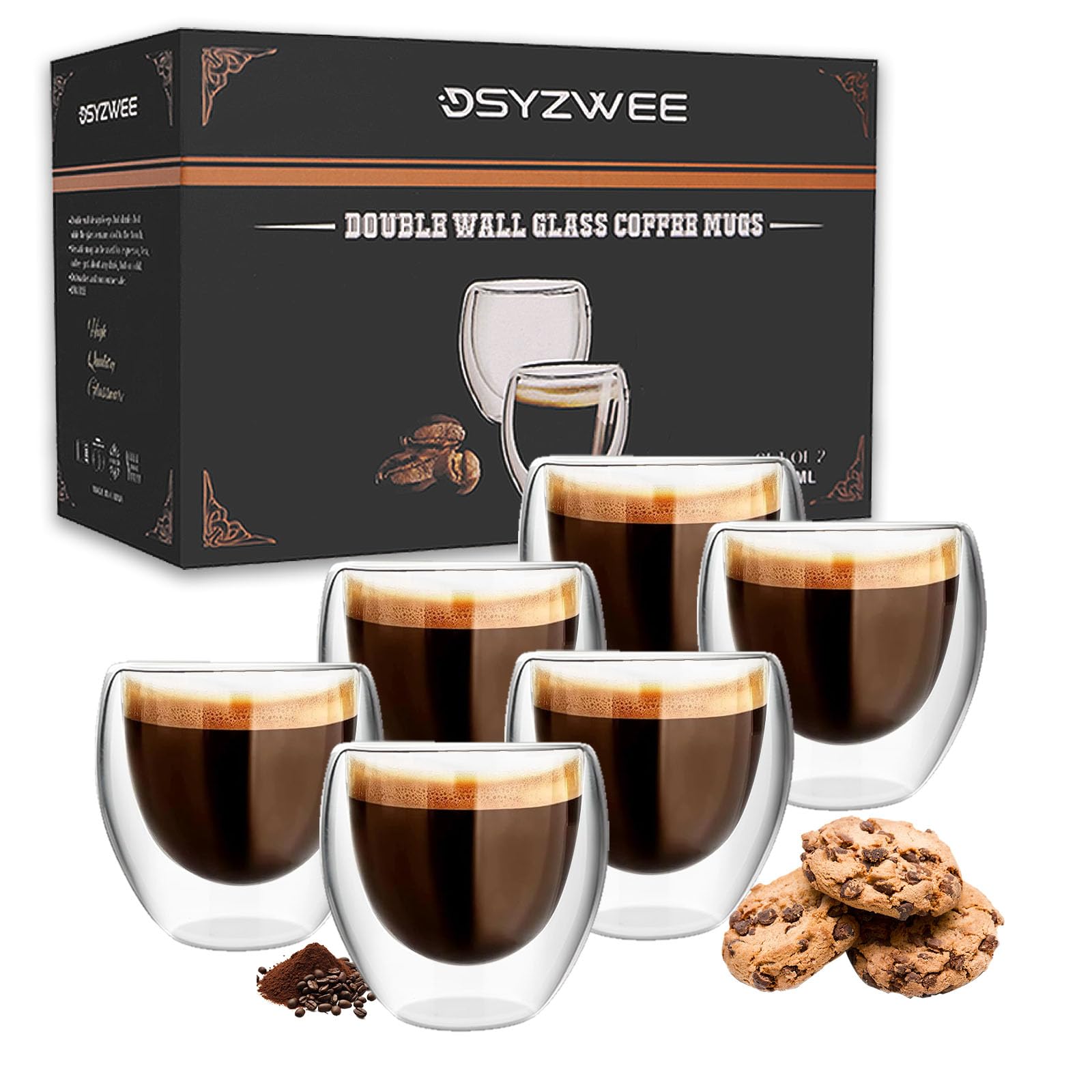 DSYZWEE Double Wall Borosilicate Glass Espresso Cups, Espresso Cup Set (6 x 80ml), Latte Glass Caffee Cups, Handcrafted Artisan - Strong, Borosilicate Heat Resistant — image 1