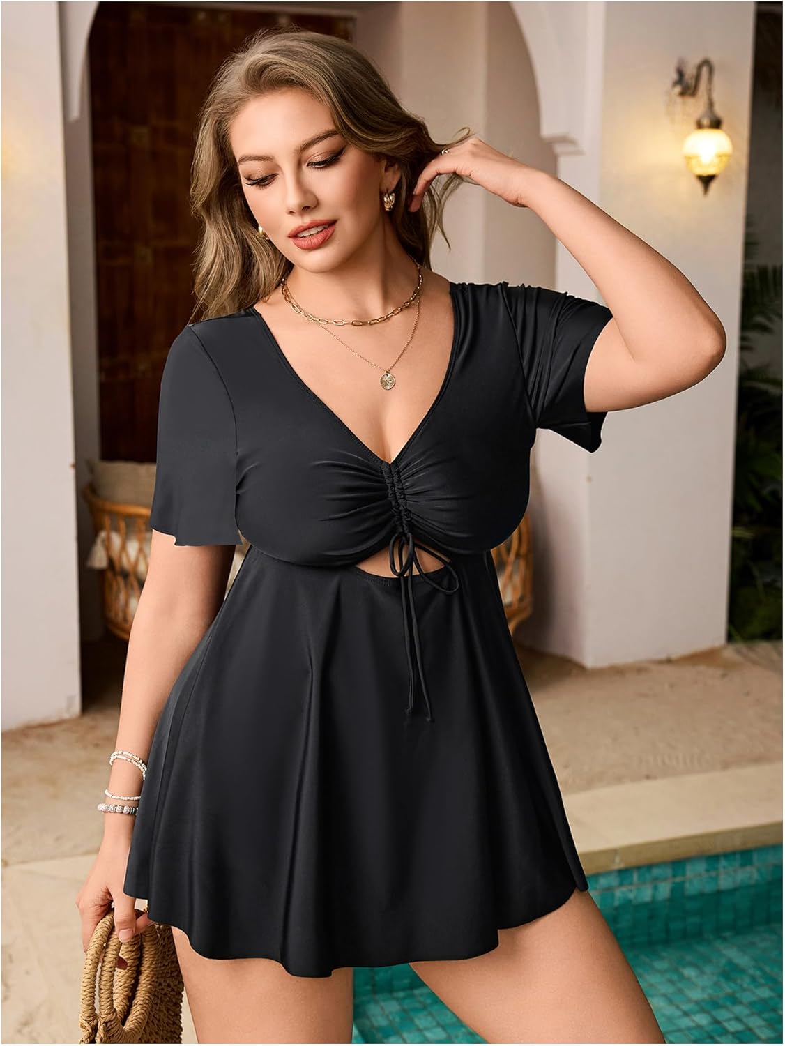 OYOANGLE Women's Plus Size Tankini Sets 2 Piece Drawstring V Neck Short Sleeve Swim Dress Bathing Suits - Image 5