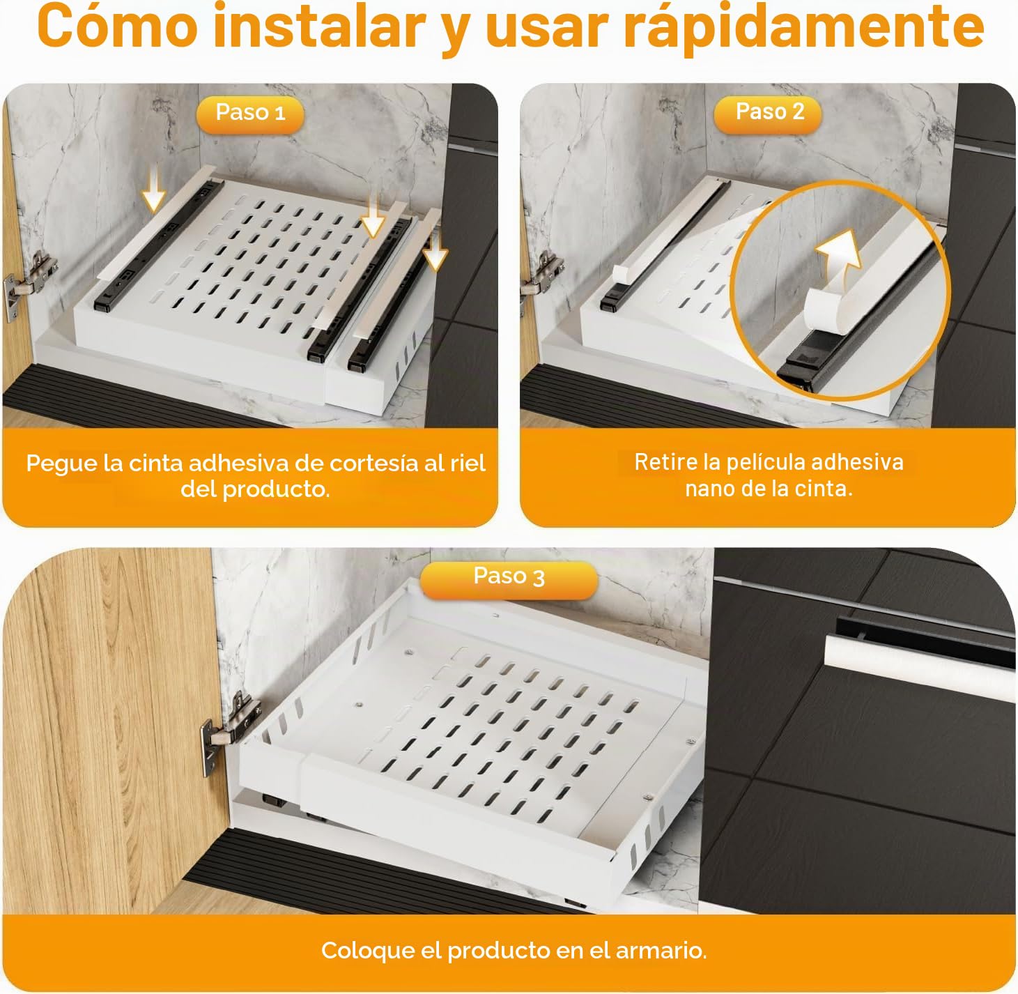 iHomara Paquete de 2 organizadores adhesivos extraíbles para armarios de cocina, cajones deslizables y estantes para la despensa, ancho ajustable de 32 a 53 cm