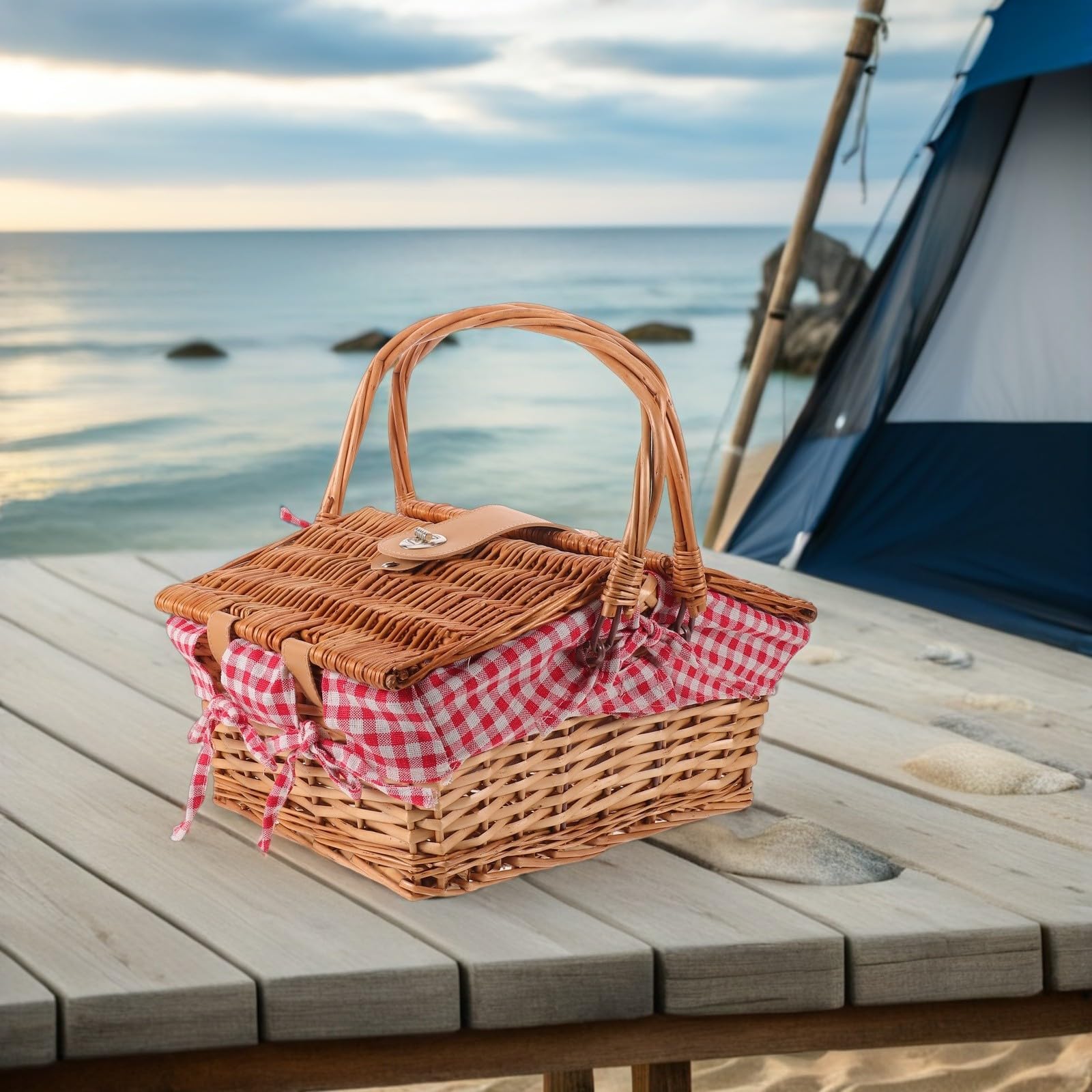 Cesta de Picnic de Mimbre Roja con Tapa y Asas, Tejida a Mano