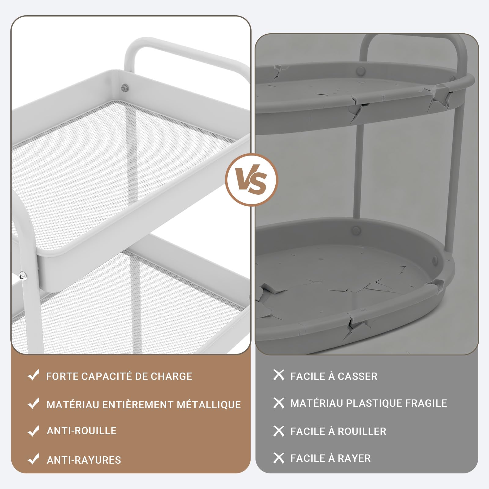 PUNCIA Chariot de Rangement en Métal Desserte à roulettes à 4 Niveaux | Chariot Cuisine avec 6 Crochets Trolley de Service Facile à Installer et à Nettoyer pour Salon Salle de Bain Bureau (Blanc)