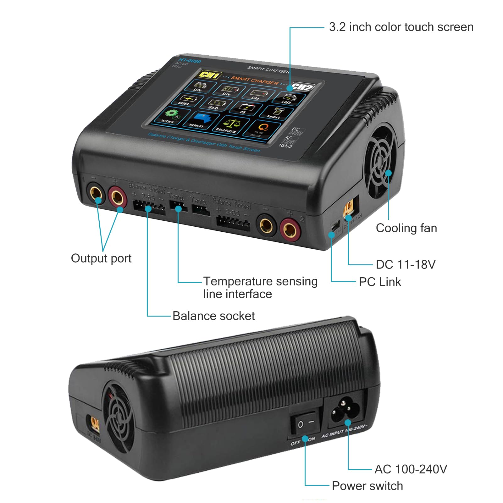 Haisito LiPo Ladegerät, Touchscreen Dual Balance Ladegerät Entlader AC 150W DC 240W 10A für Li-Ionen-Lebensdauer NiCd NiMH LiHV PB Smart Akku