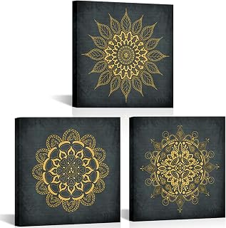 KLVOS 3 Pieces Boho Wall Art Bathroom Gold Mandala Framed Paintings Pictures Vintage Flower Canvas Prints Bohemia Artwork for Bedroom Yoga Spa Home Decoration Framed Ready to Hang 12x12inchx3 Panel