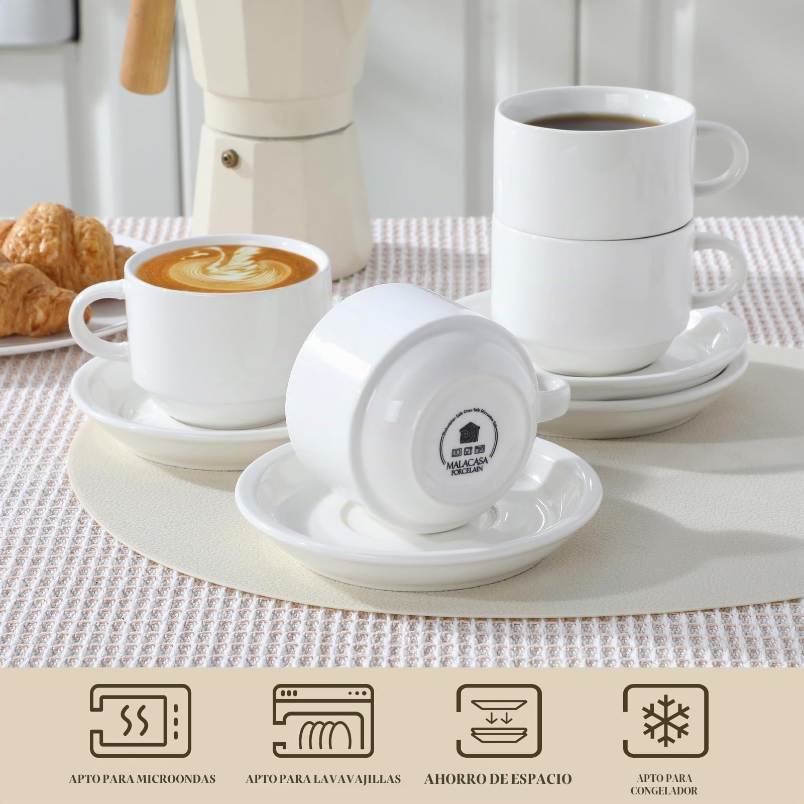 MALACASA Serie REGULAR, Juego de 4 Tazas de Café para 4 Personas, 270 ml, Servicio de Café Apilable con Platillo y Soporte Metálico, Ideal para Espresso, Capuchino, Latte, Moka y Té, Color Blanco
