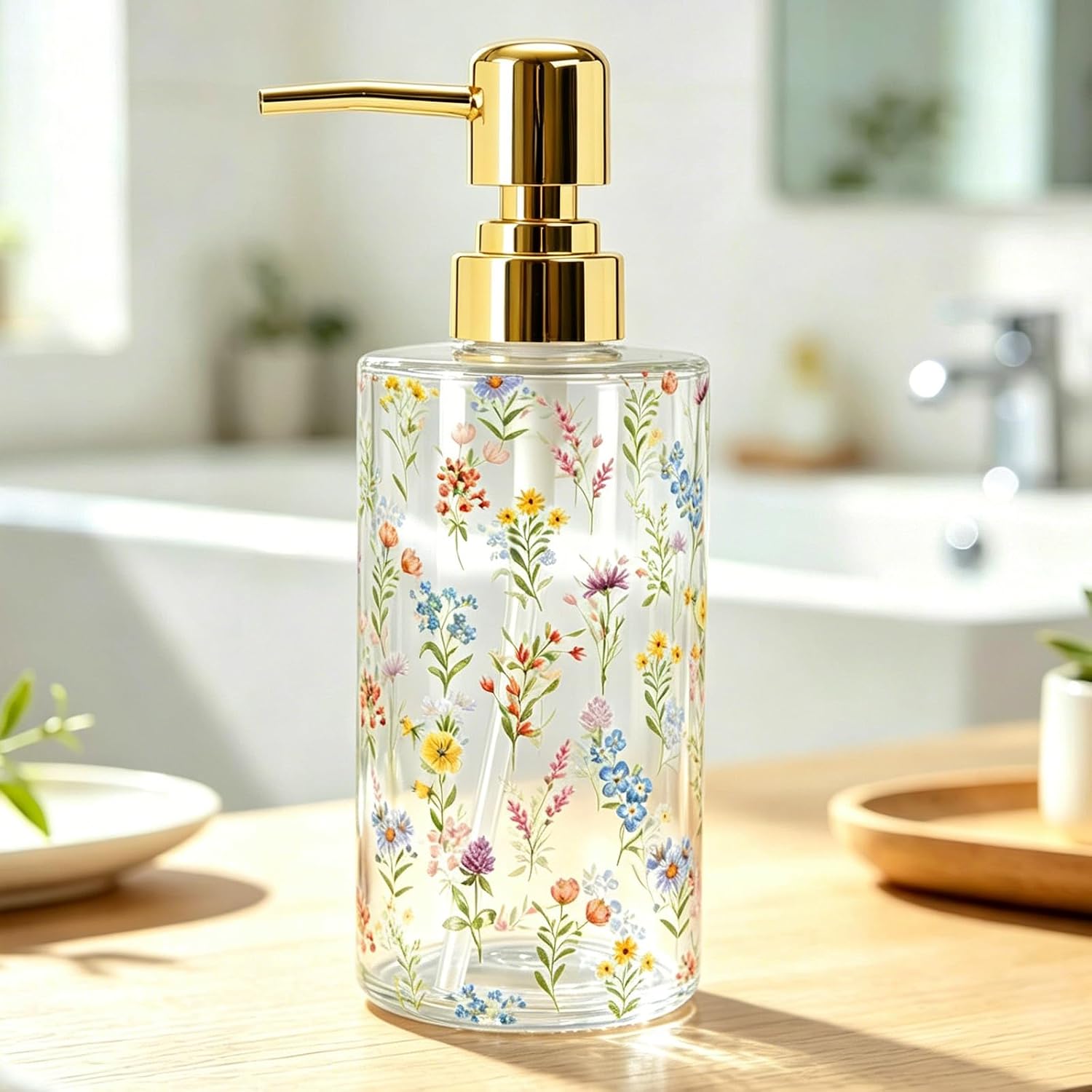 FYSUIMU Wildflower Soap Dispenser Fresh Floral Refillable Clear Liquid Container with Pump Flower Glass Dispenser for Bathroom Kitchen Countertop Decor