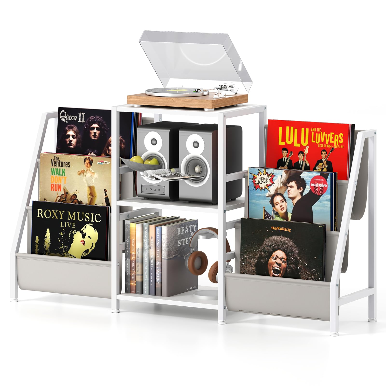 COSTWAY Supporto per Giradischi per Vinili, Porta Giradischi Vinili Fino a 200 Album con 3 Ripiani, 6 Tasche di Archiviazione e Struttura in Metallo, per Casa Studio e Caffè, 125x30x69 cm (Bianco)