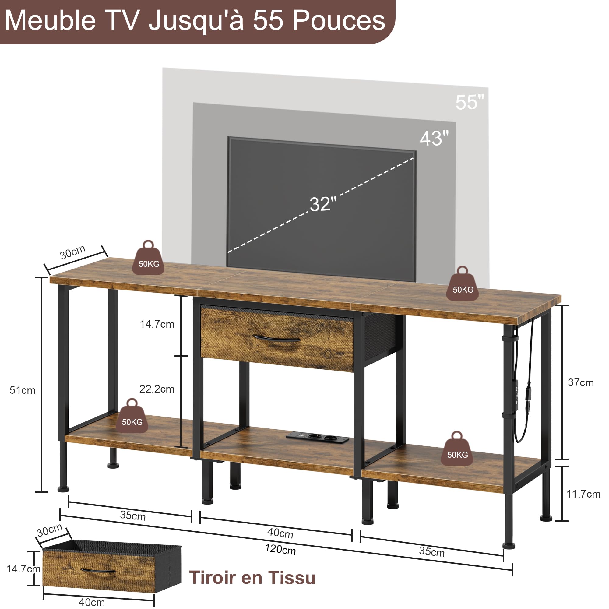 Meuble TV avec Prise et Ports USB, Table Television Salon à Éclairage LED avec Tiroir en Tissu et Étagères Ouvertes, Meuble TV 120 cm pour Téléviseur jusqu'à 55″ Marron Rustique