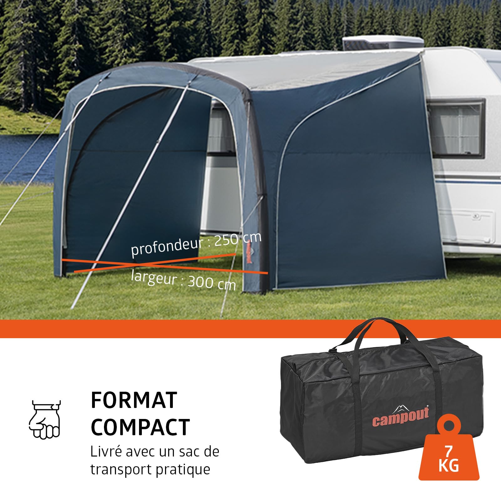 Campout Auvent Gonflable pour Caravane et Camping-Car – 300 x 250 cm – 3000 mm étanche – Hauteur de Montage 235-250 cm – Installation en 15 Min – INCL. Pompe & Haubans tempête