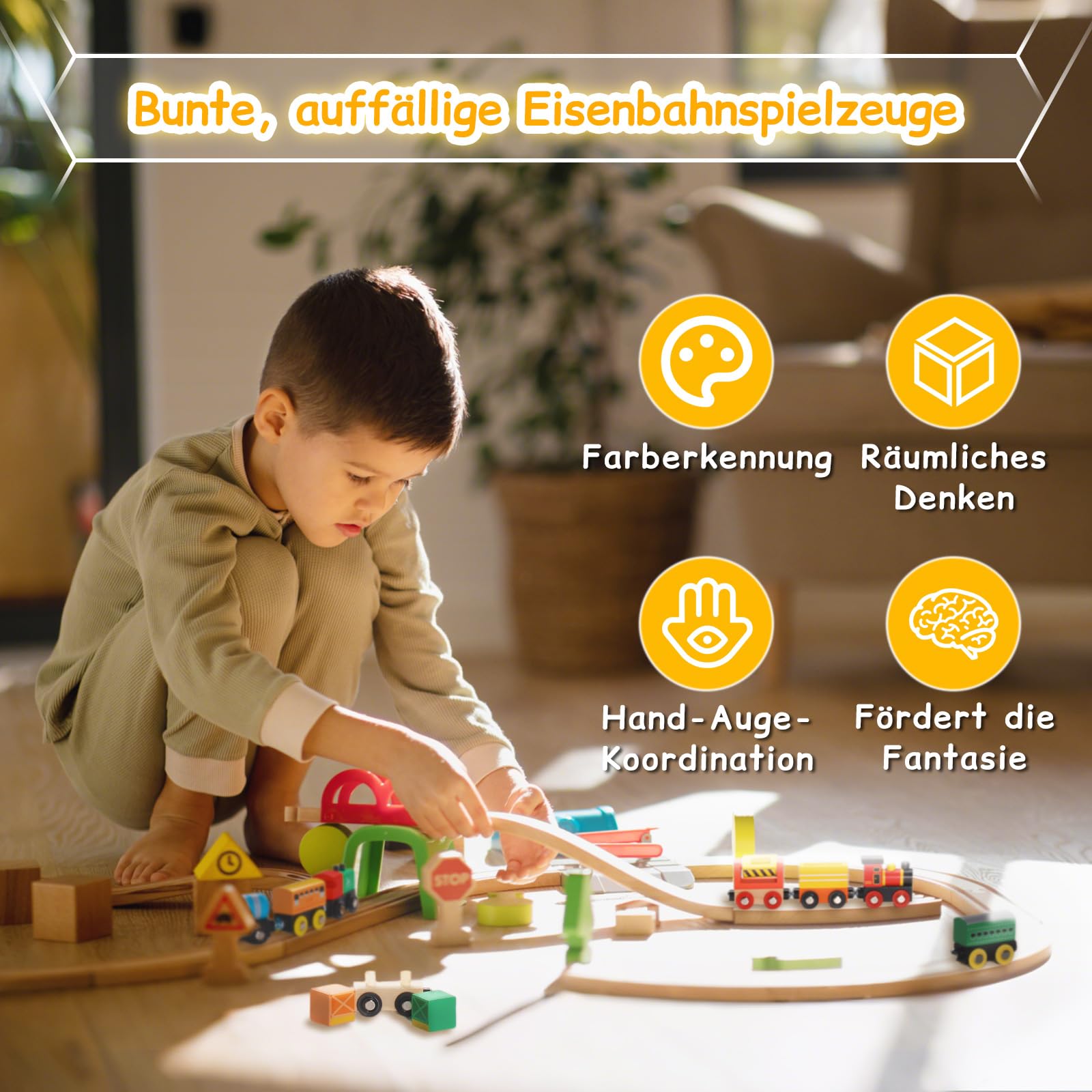 SainSmart Jr. Wooden Train Set 12 PCS - Train Toys with Storage Box, Magnetic Toy Trains Compatible with All Major Brands, Gift for Toddlers, Boys and Girls Aged 3+